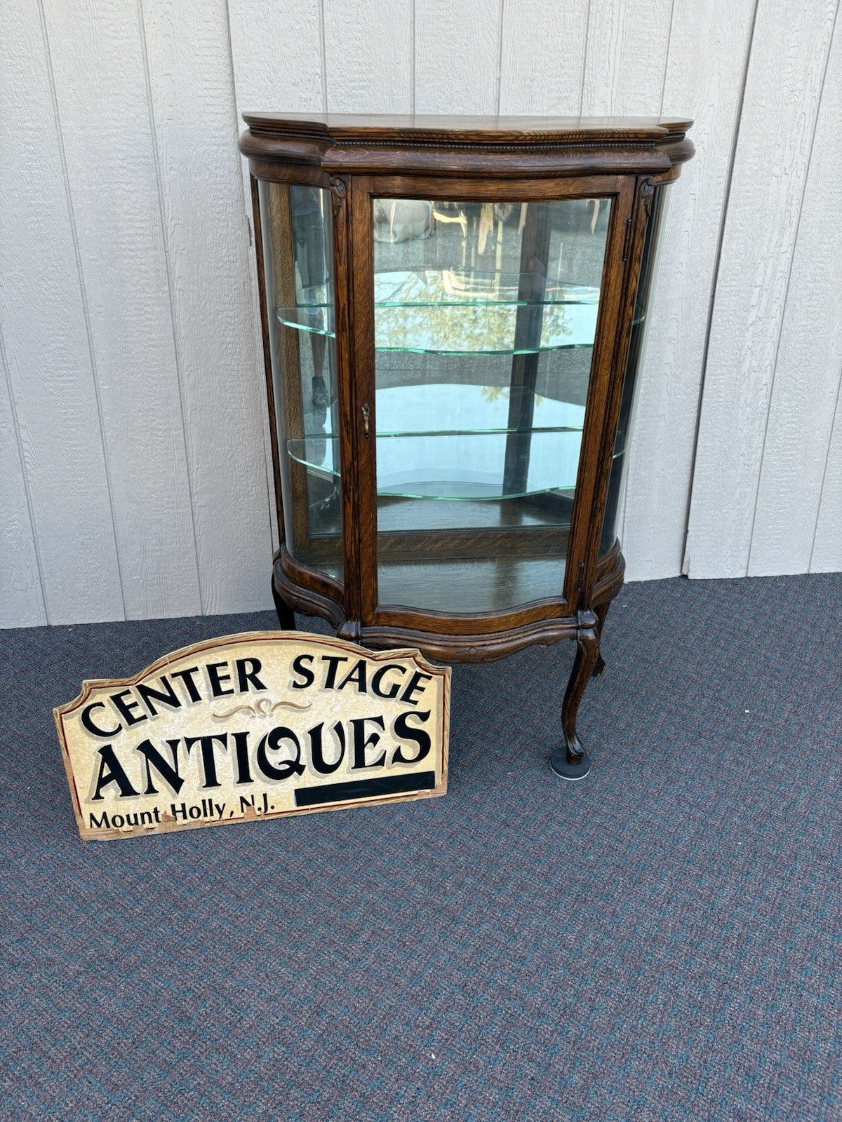 67008 Antique Victorian Oak Serpentine Glass Curio China Cabinet