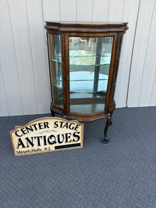 67008 Antique Victorian Oak Serpentine Glass Curio China Cabinet