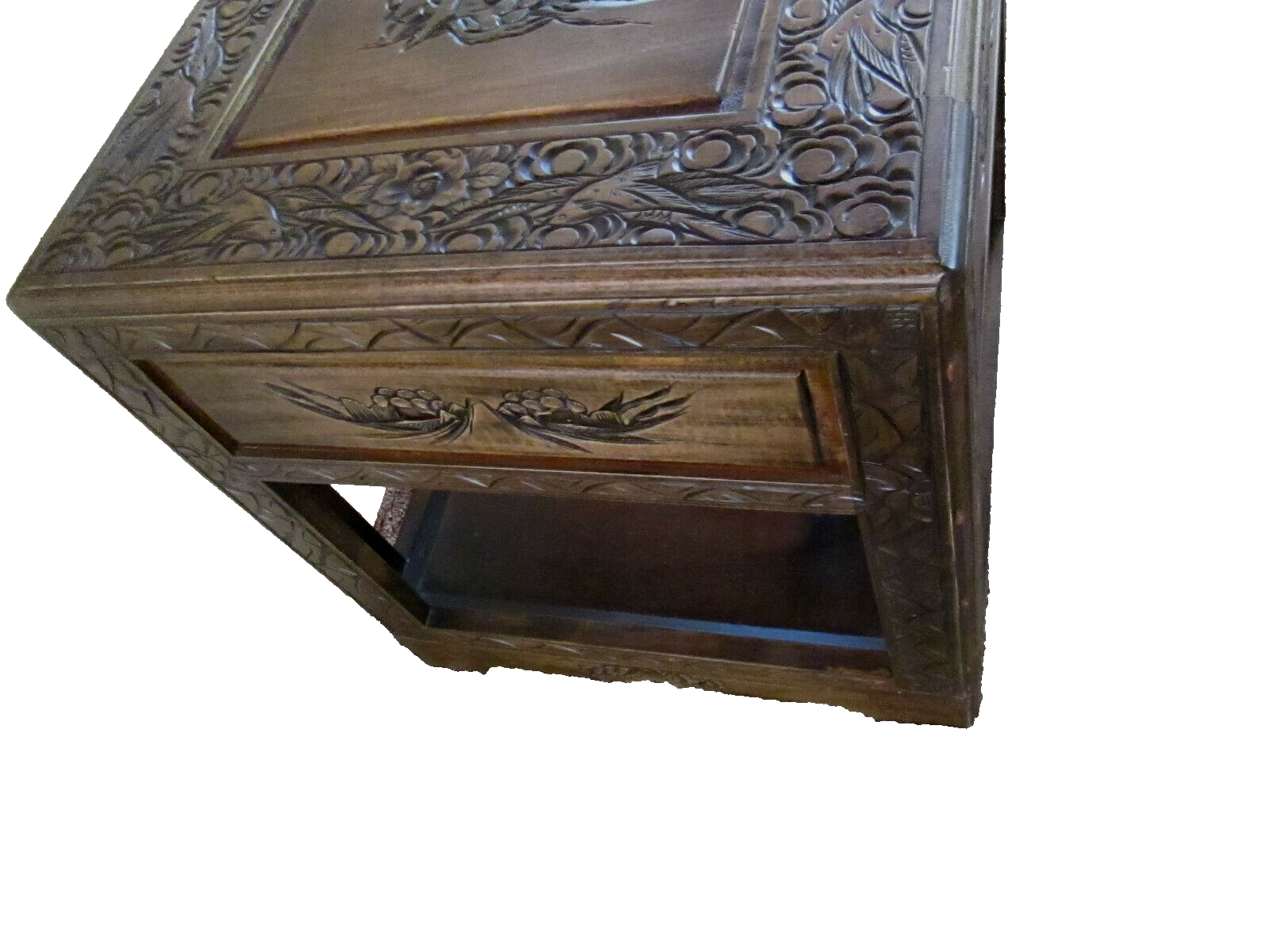 54174 CARVED ORIENTAL TABLE WITH DRAWER Bird carvings 