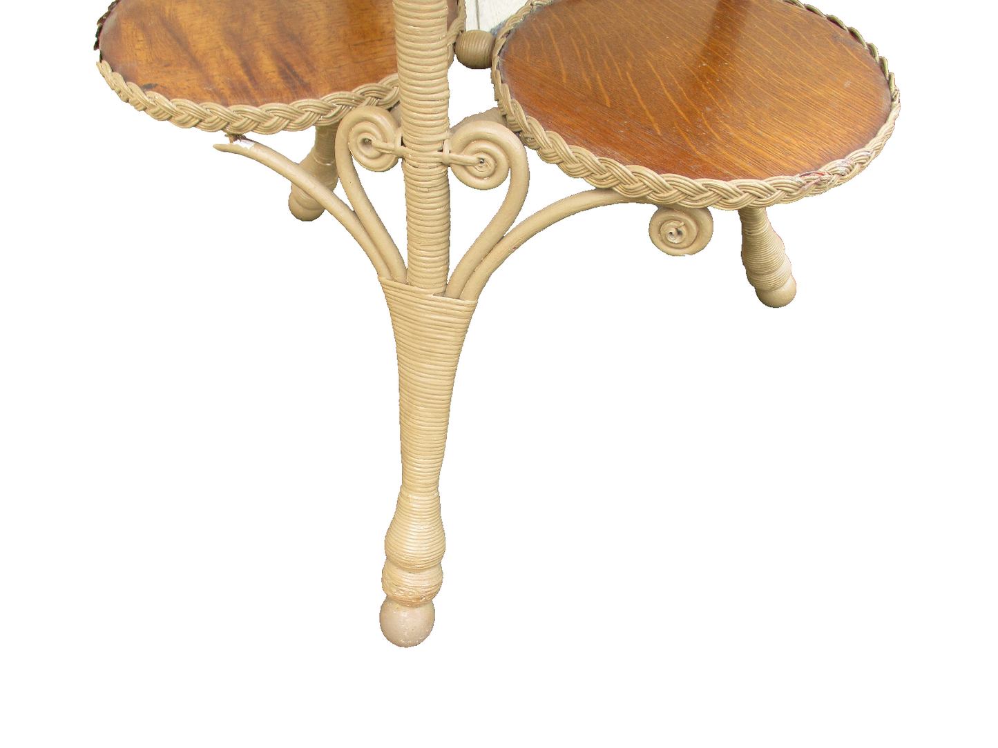 64404  Antique Victorian Oak and Wicker Lamp Table Stand HEYWOOD WAKEFIELD ???