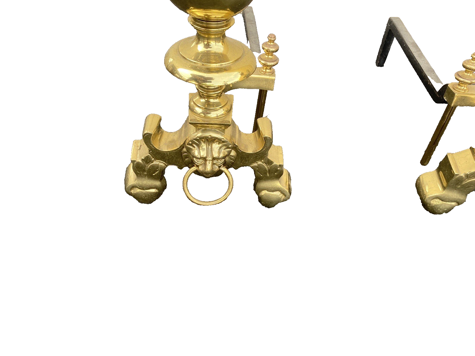 64828 Pair Heavy Polished Brass Fireplace Lion Face Fireplace Mantel Andirons