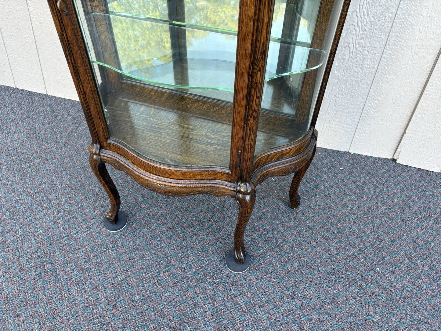 67008 Antique Victorian Oak Serpentine Glass Curio China Cabinet