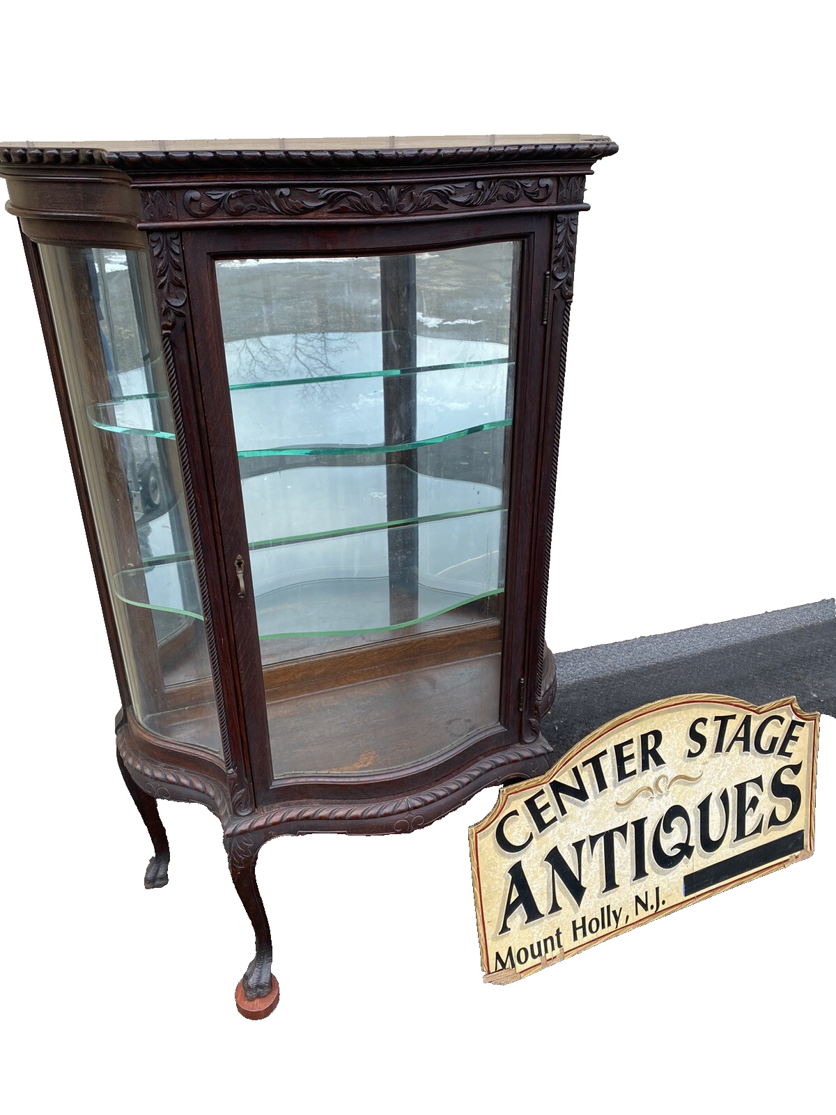 66107   Antique Victorian Oak Serpentine Curio China Cabinet