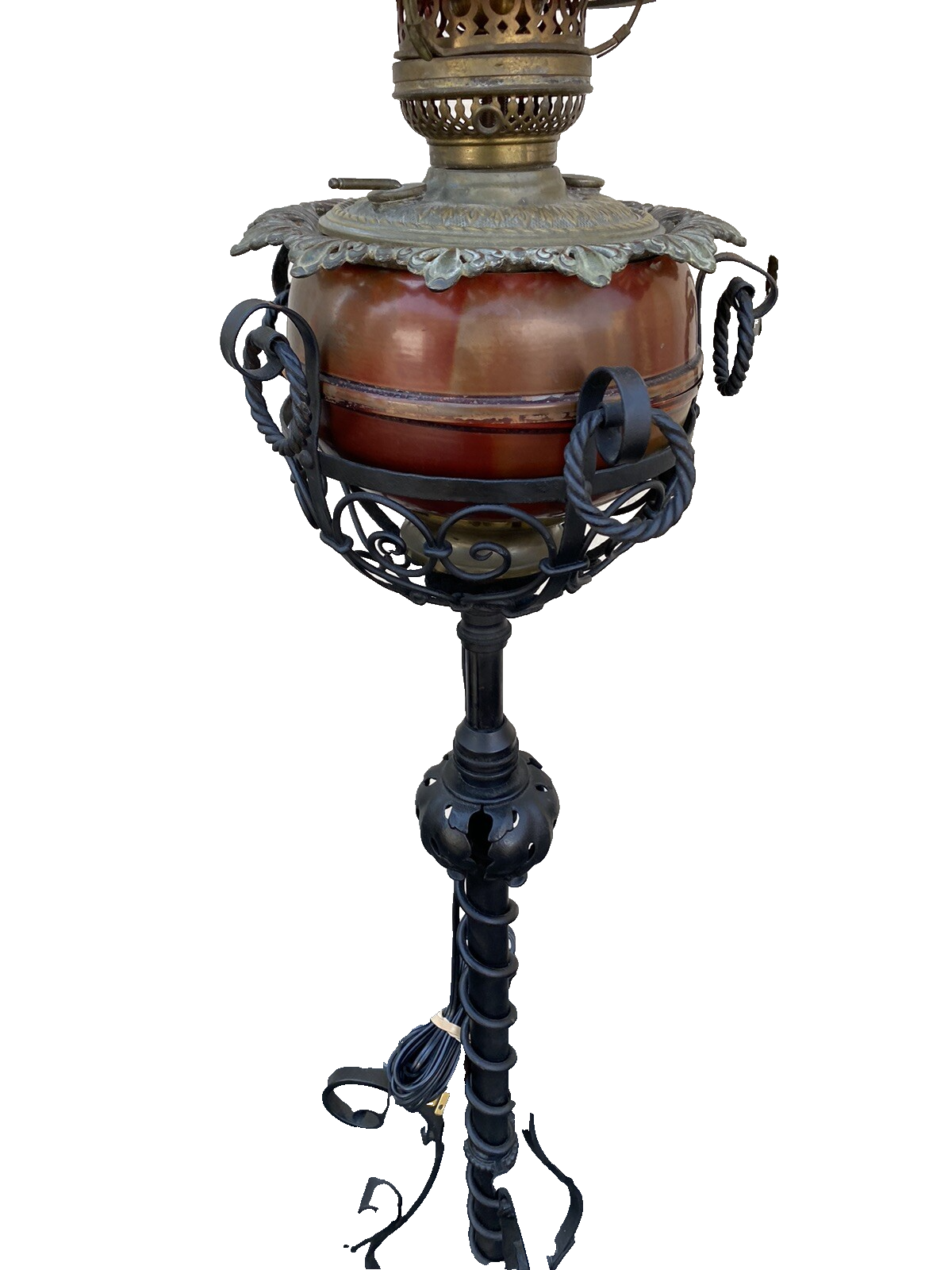 65482  Antique Victorian Piano Lamp Fancy Wrought Iron Base