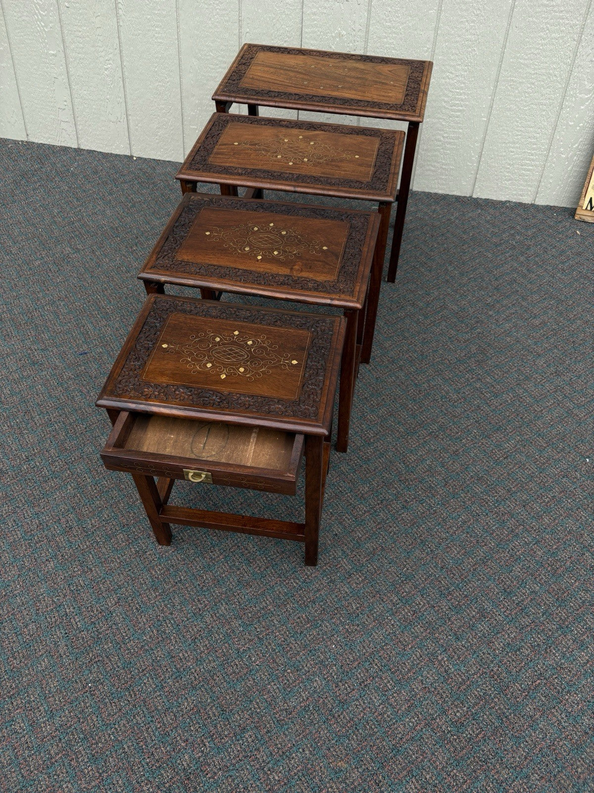 67039 Solid Mahogany Brass Inlaid Set of 4 Oriental Stacking Lamp  Table s