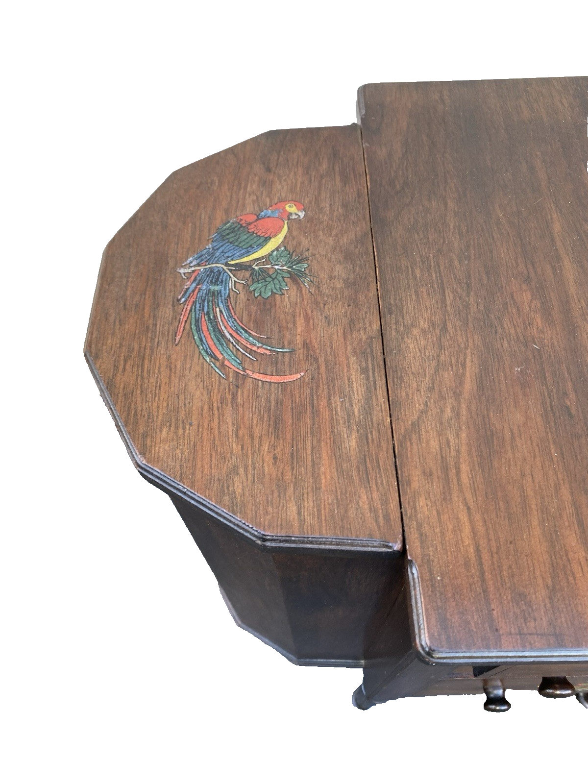 66476 Antique Mahogany Sewing Stand Hand Painted Parrot and Ship Designs