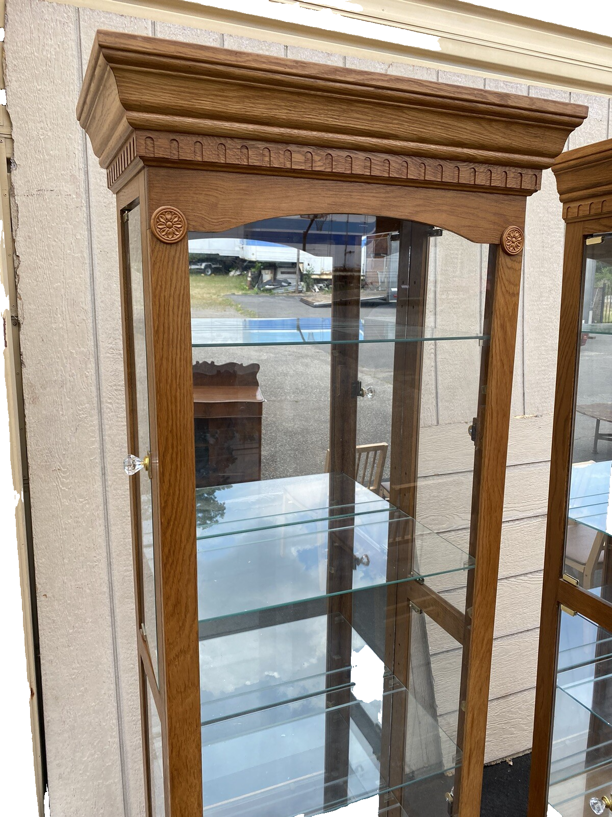 65590     PAIR   of    Matching    Oak Curio China Cabinets