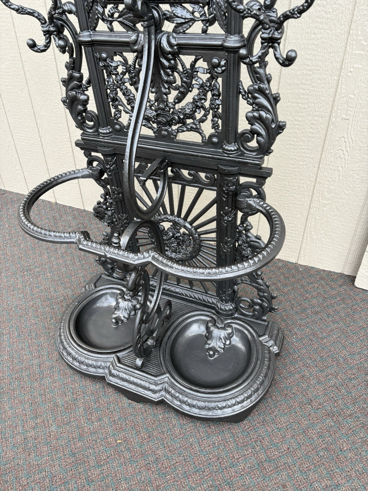 67160 Antique Victorian Cast Iron Hat Rack Halltree with Mirror Cherub and lion