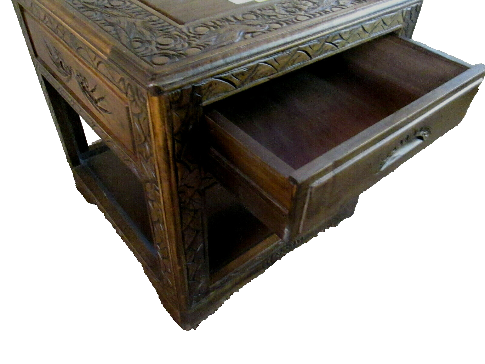 54174 CARVED ORIENTAL TABLE WITH DRAWER Bird carvings 