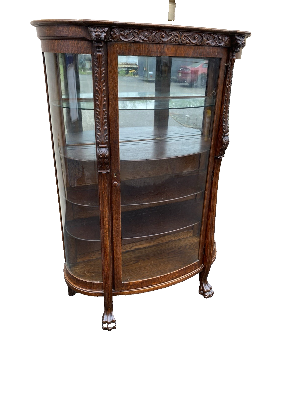 63537 Antique Victorian Oak Hand Carved Bow Glass Lion Head Curio China Cabinet