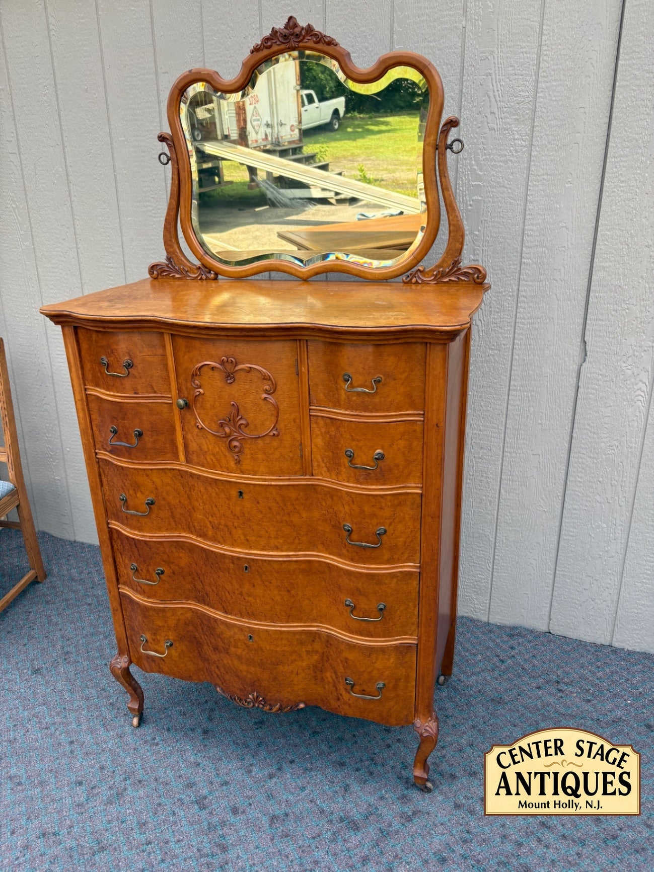 67995 Antique Highboy Dresser with Mirror, 1920s, Burl Wood