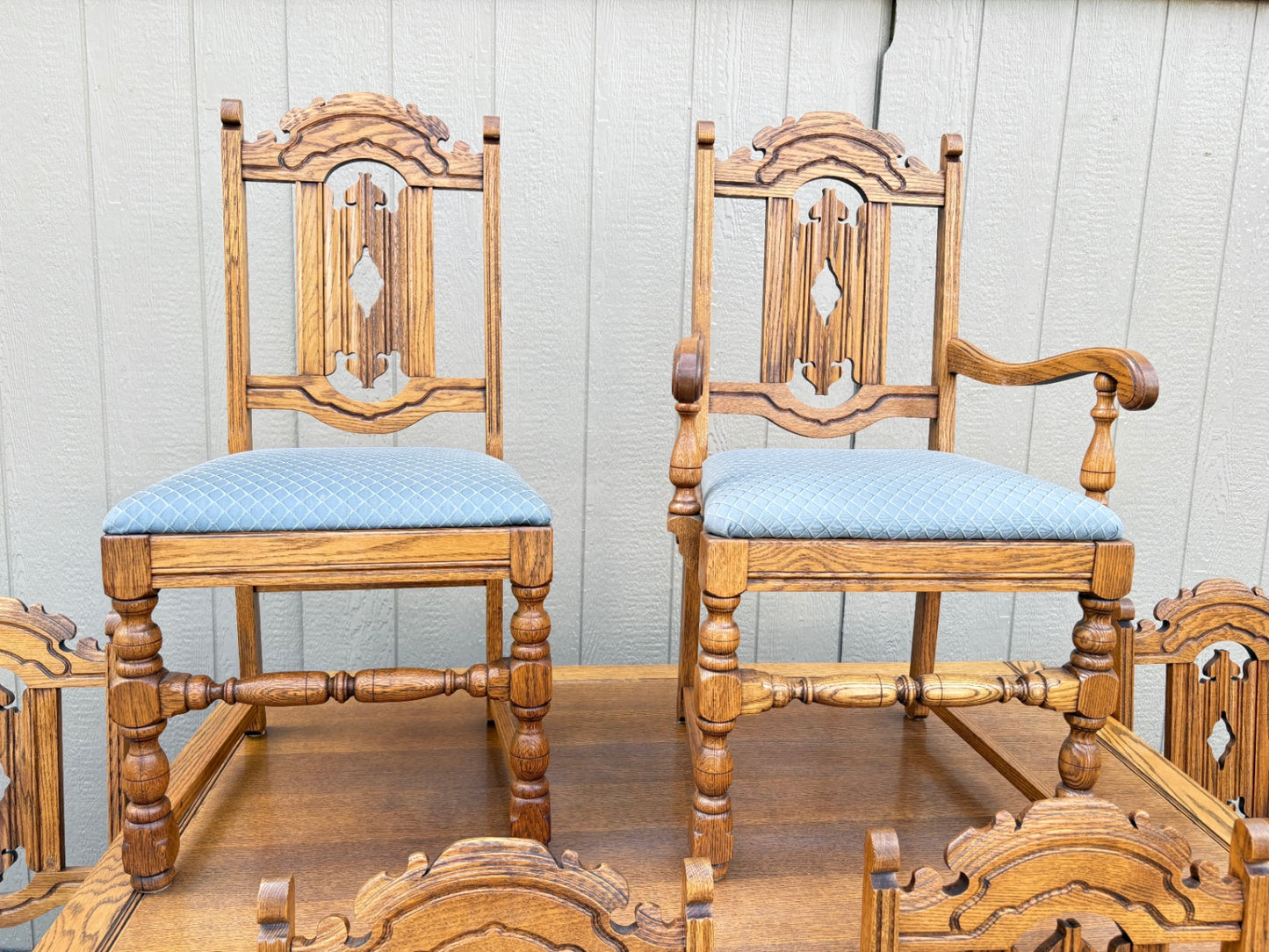 Oak Refractory Dining Table with Six Carved Chairs Set