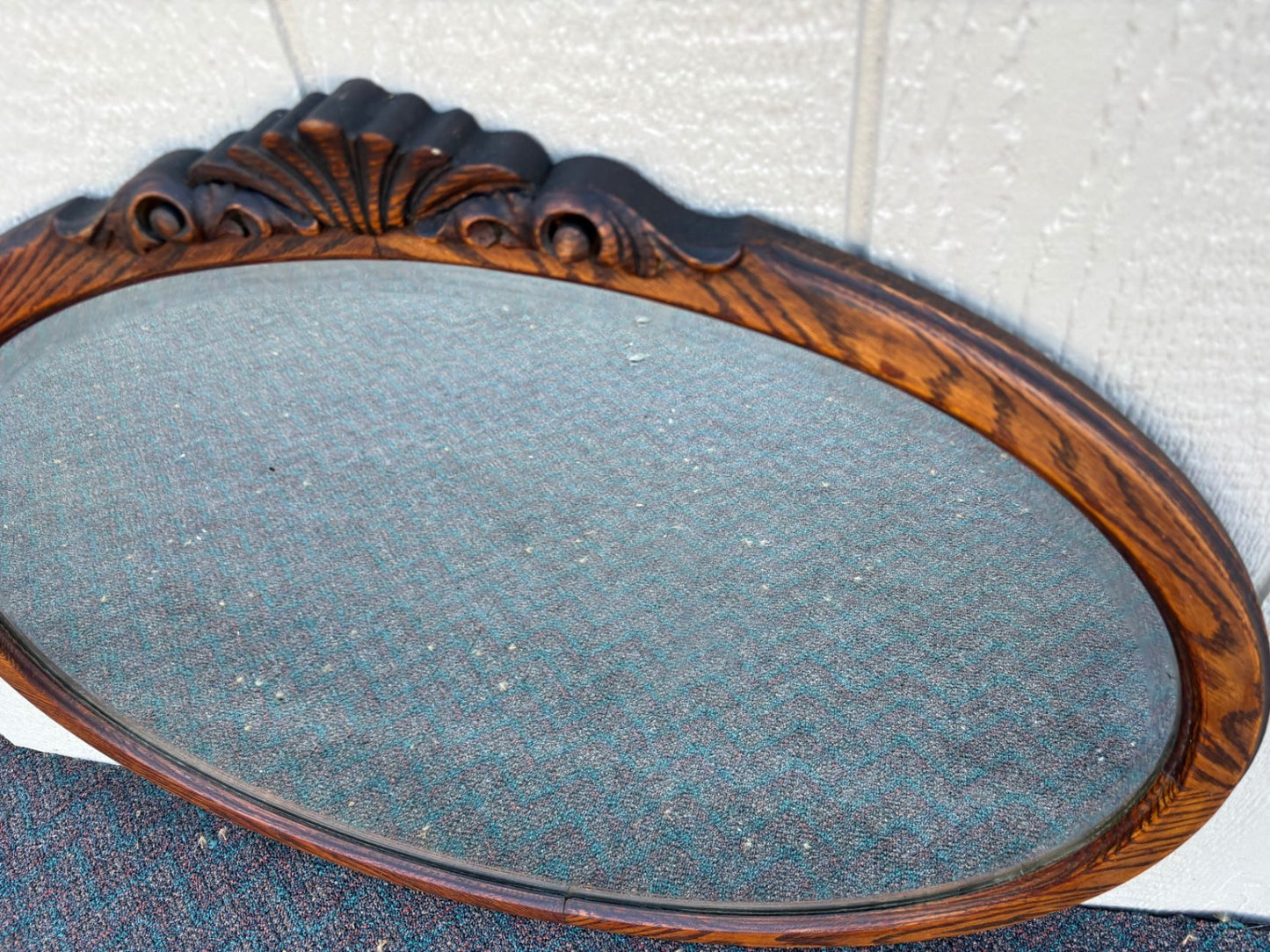 67652 Antique Victorian Oval Oak Beveled Wall Mirror with Carved Detail