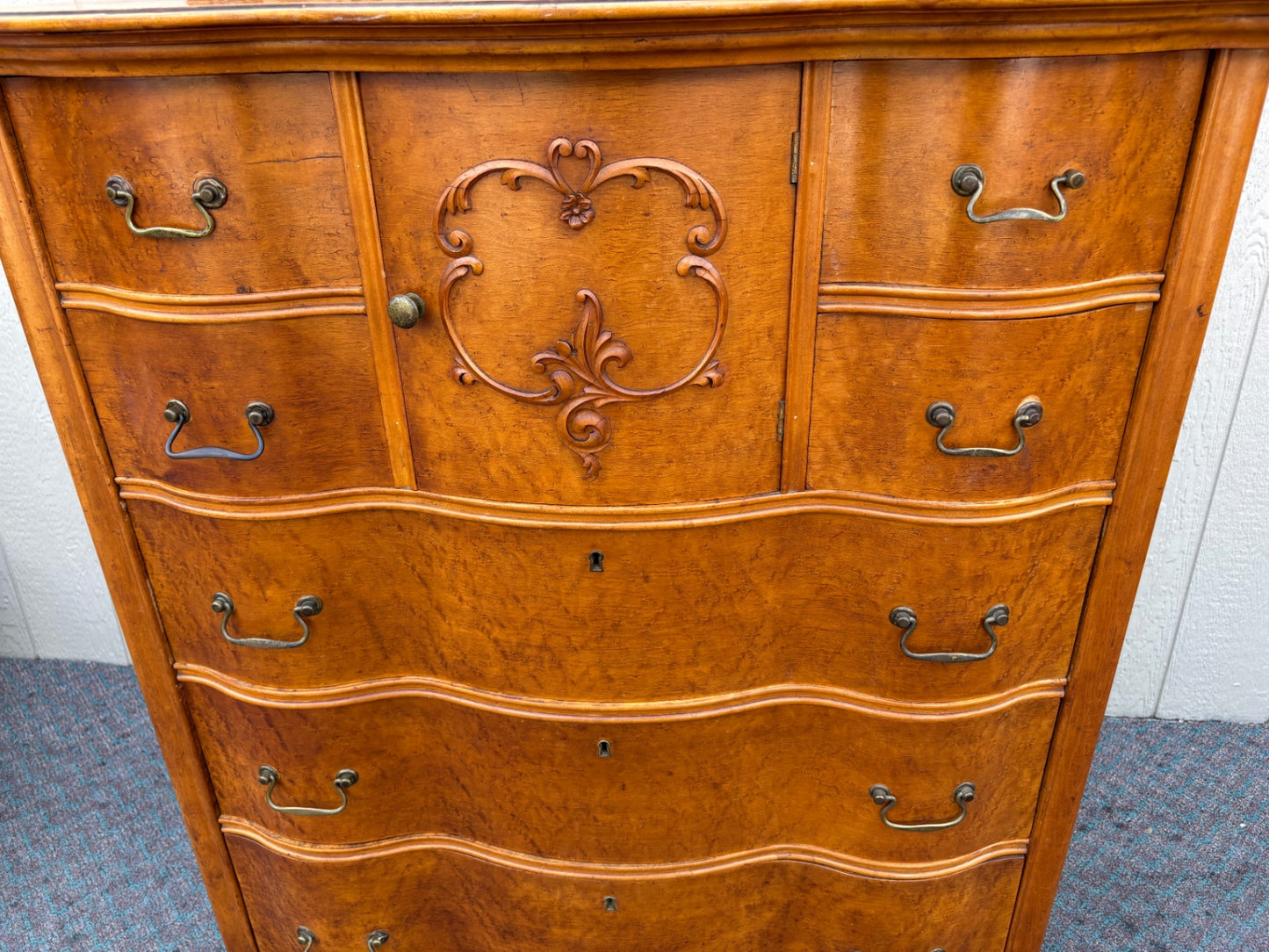 67995 Antique Highboy Dresser with Mirror, 1920s, Burl Wood