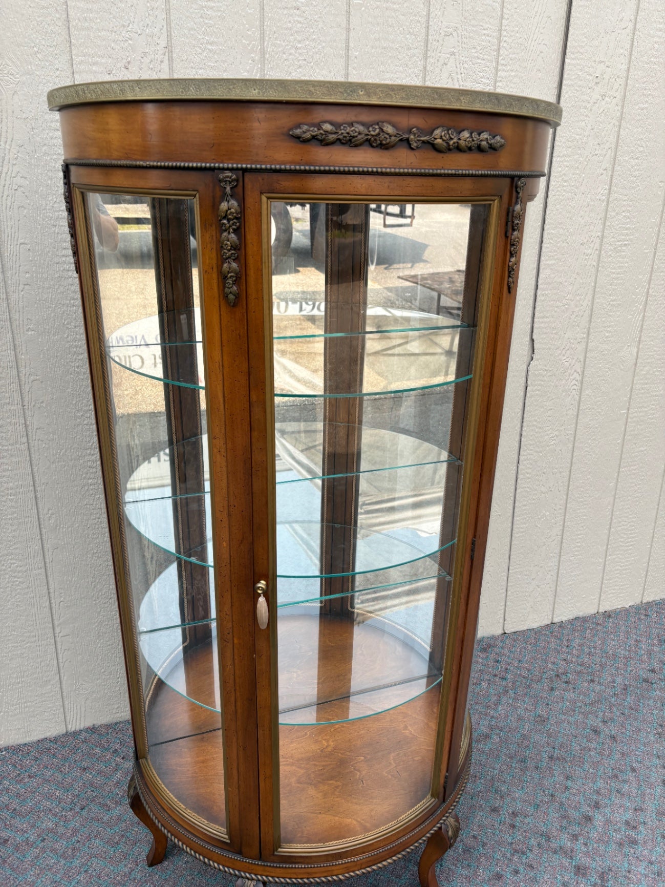 68002 Vintage Bow Front Glass Curio Cabinet with Floral Carvings