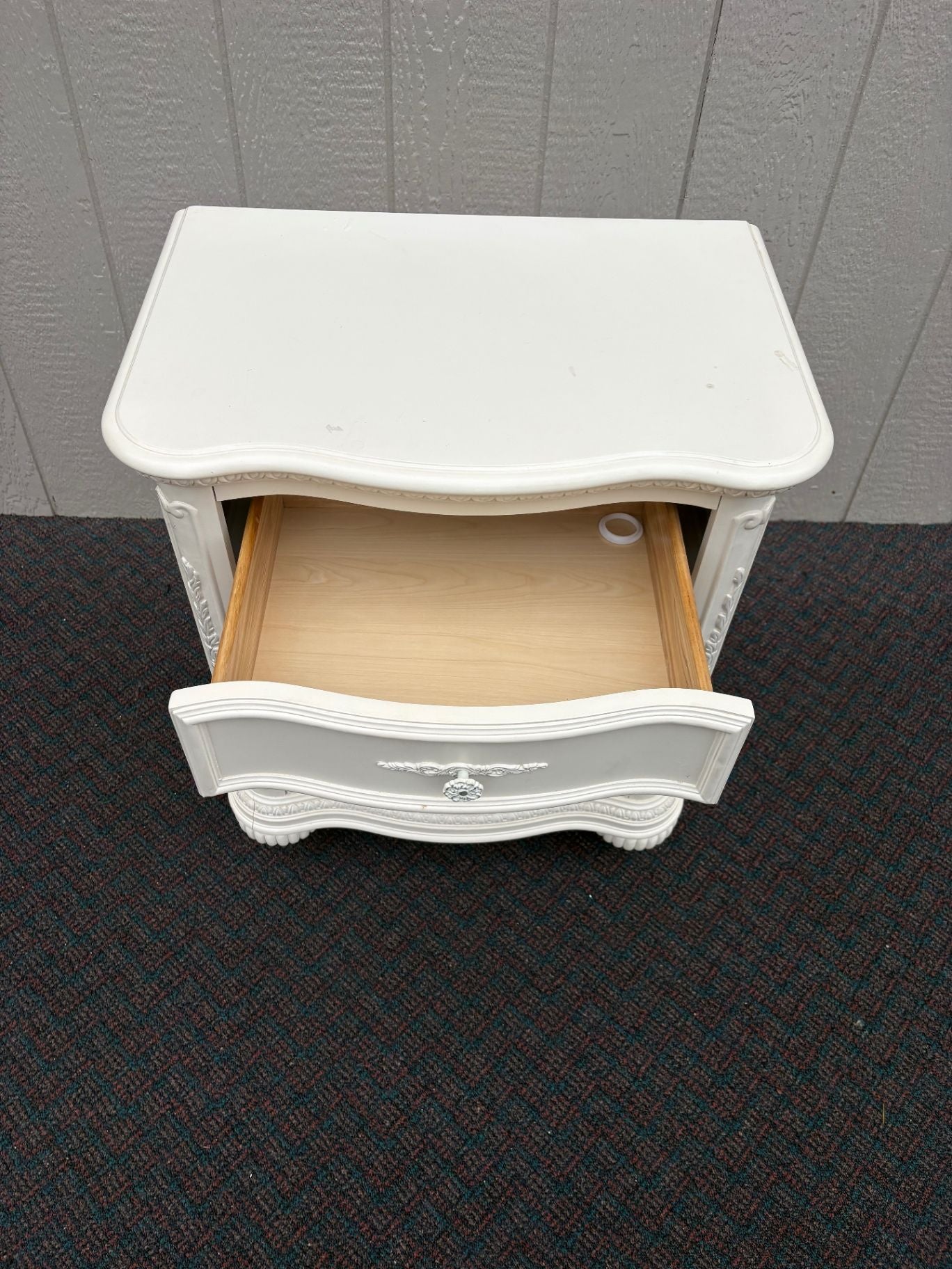 67552 French Provincial White Nightstand with Carved Details