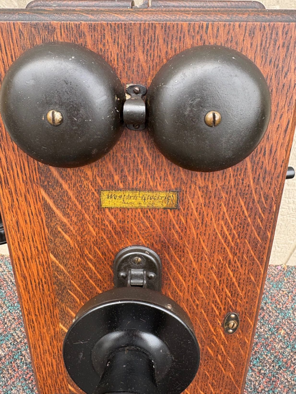 67690 Antique Western Electric Oak Wall Phone with Crank, Early 1900s