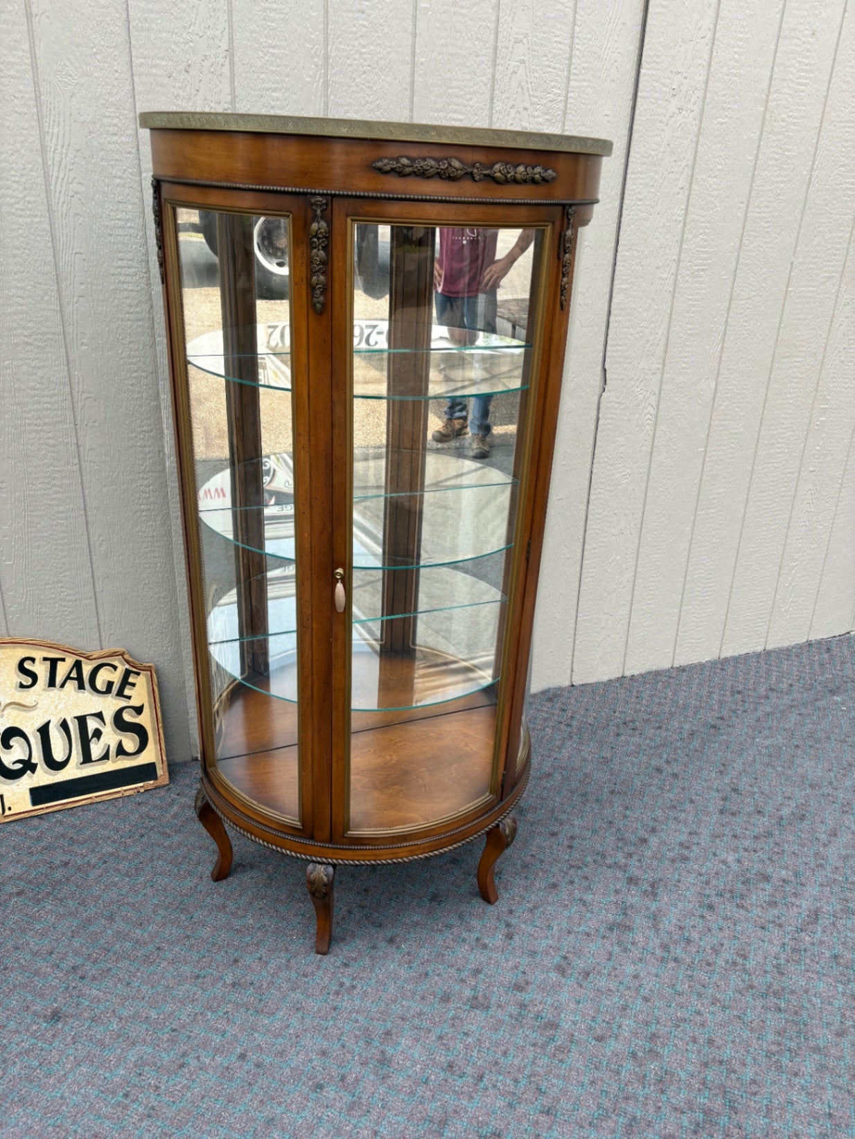 68002 Vintage Bow Front Glass Curio Cabinet with Floral Carvings