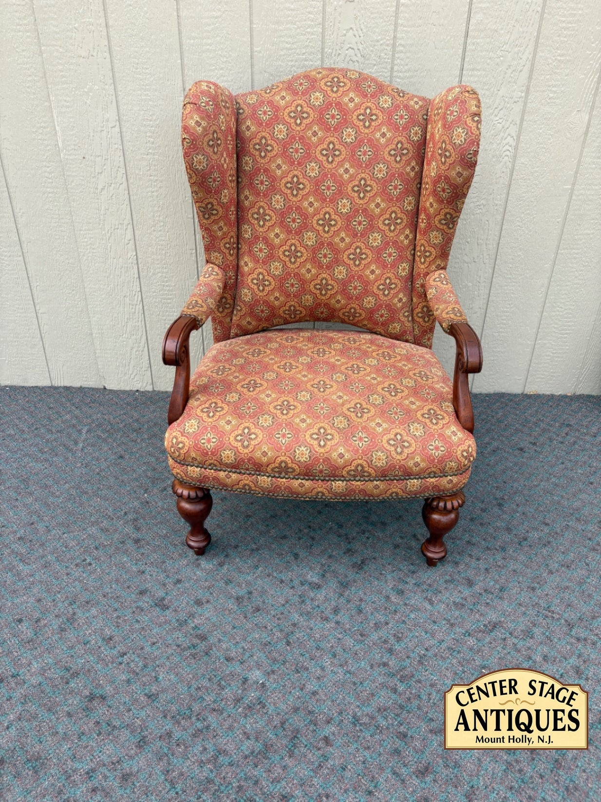 67940 Thomasville Traditional Wingback Armchair with Ornate Fabric Upholstery