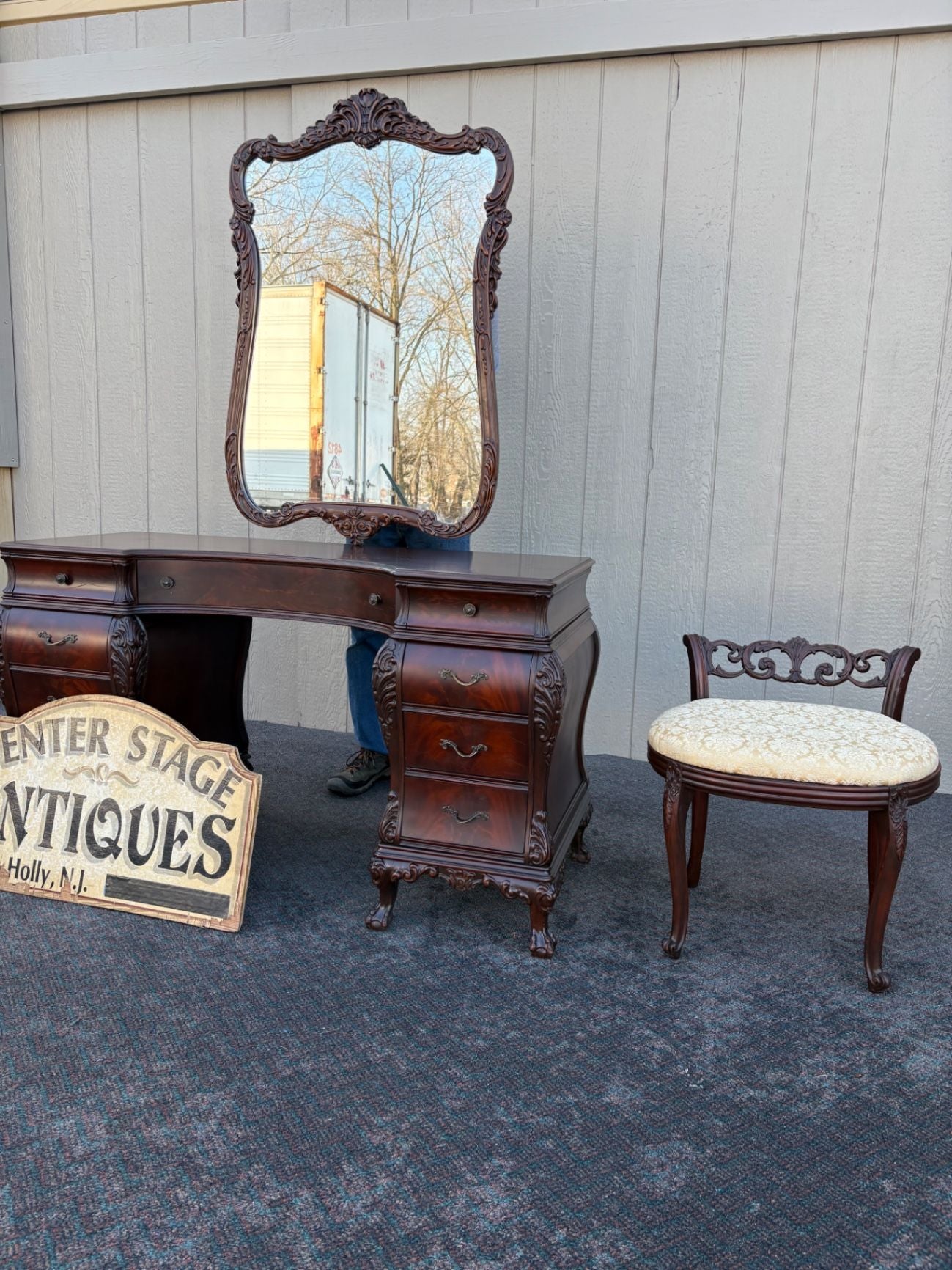 Ornate Mahogany Vanity Set with Mirror and Upholstered Bench