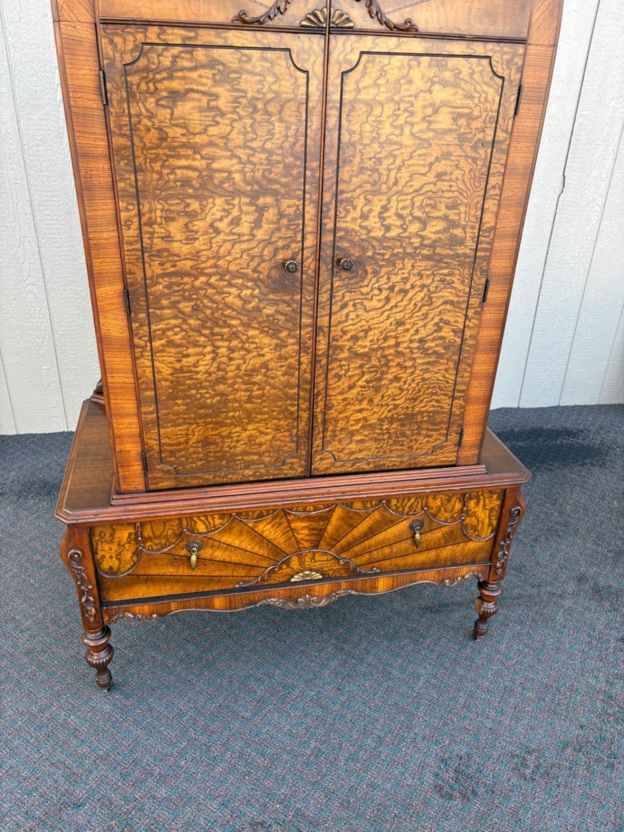 67453  Art Deco Chifferobe with Sunburst Veneer and Carved Details (Copy)