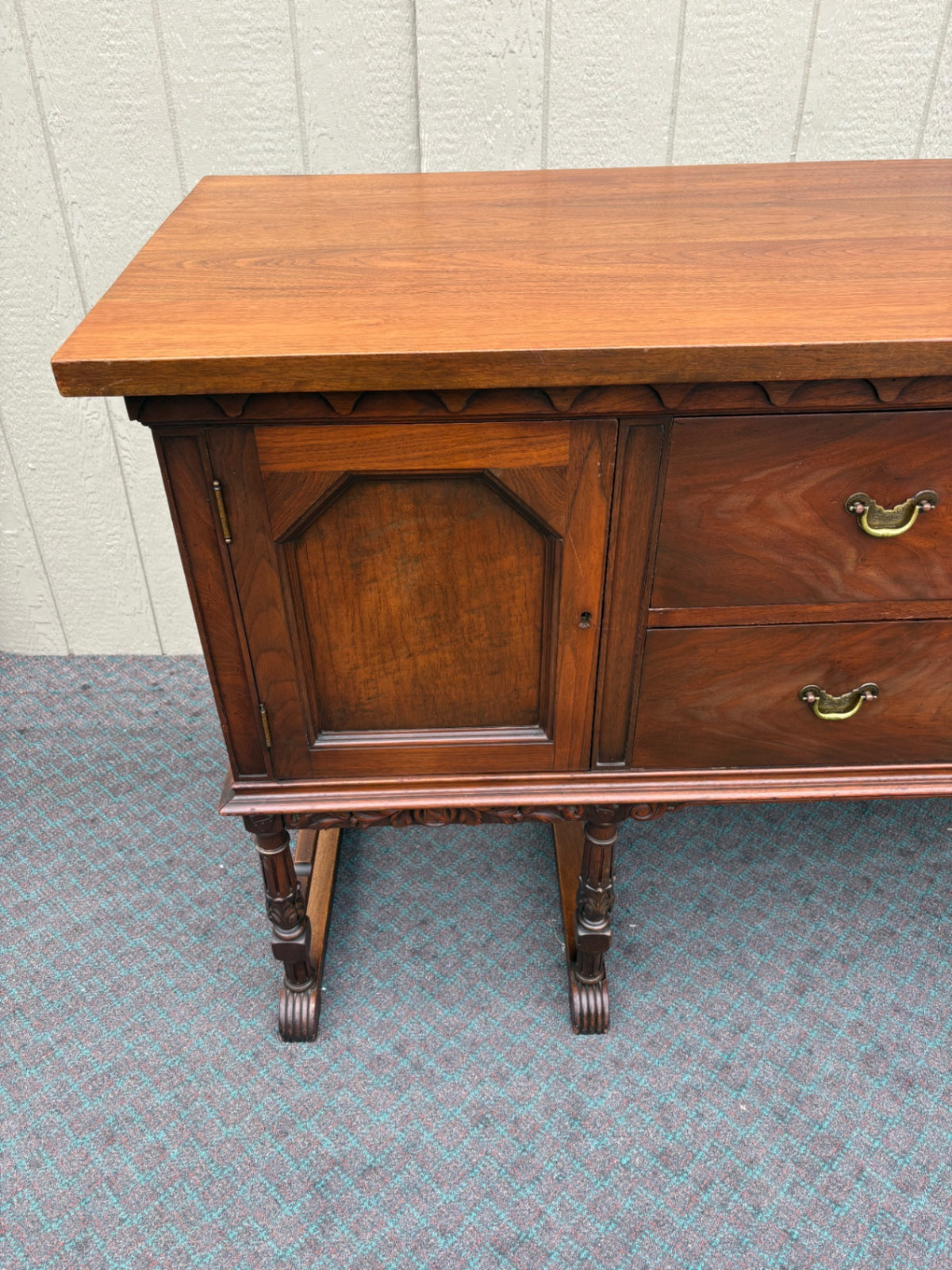 68181  Elegant Early 20th Century Walnut Buffet with Carved Detailing