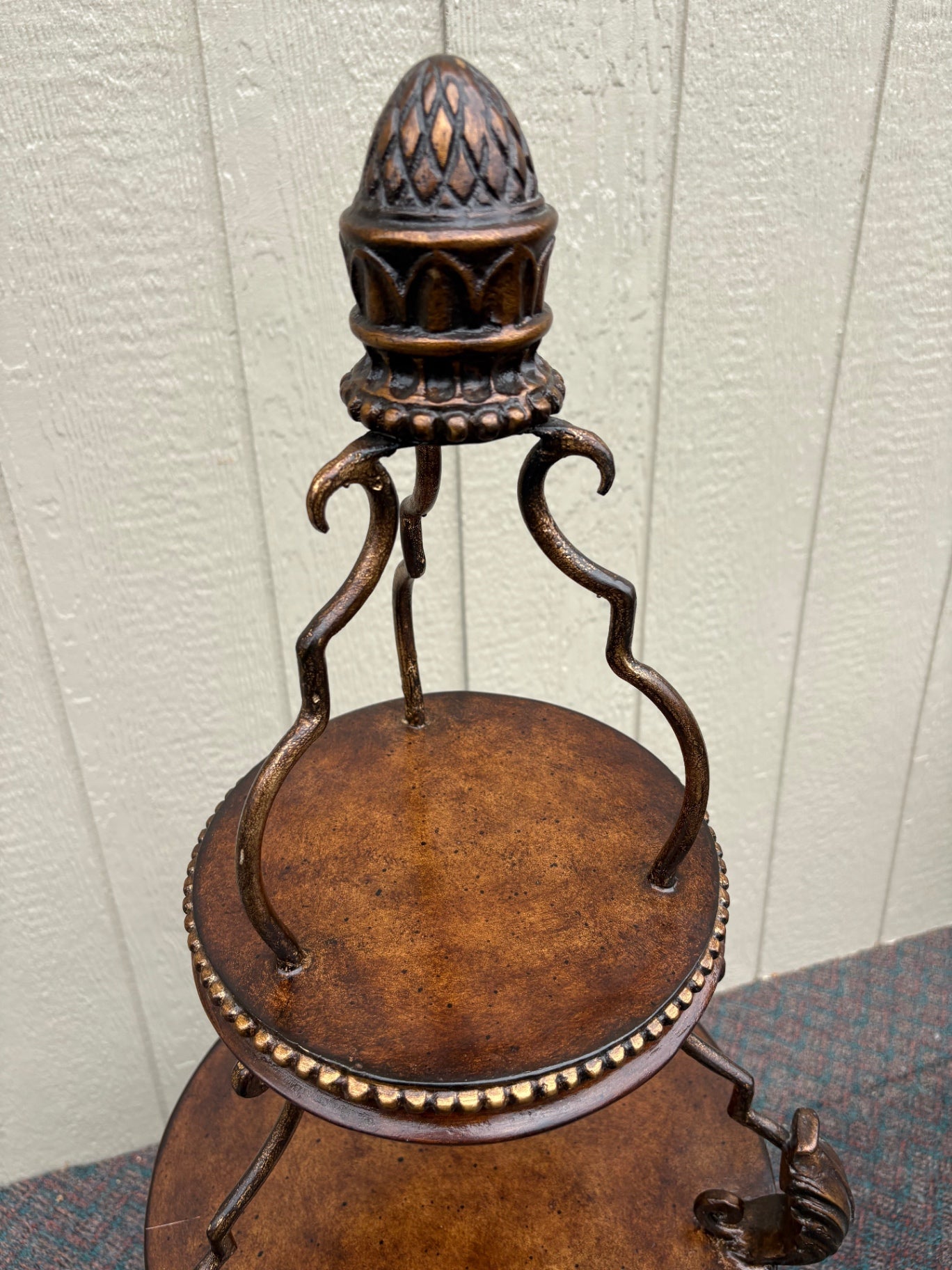 67831 Ornate Three-Tier Accent Table with Metal Scrollwork and Wood Finish