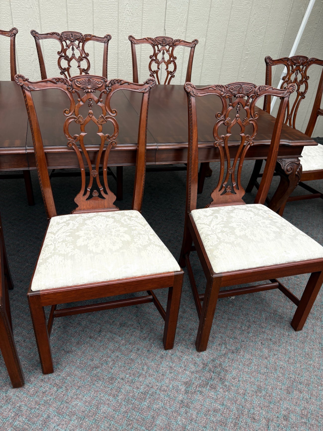 67877  Chippendale Style Dining Table with 8 Carved Chairs in Mahogany