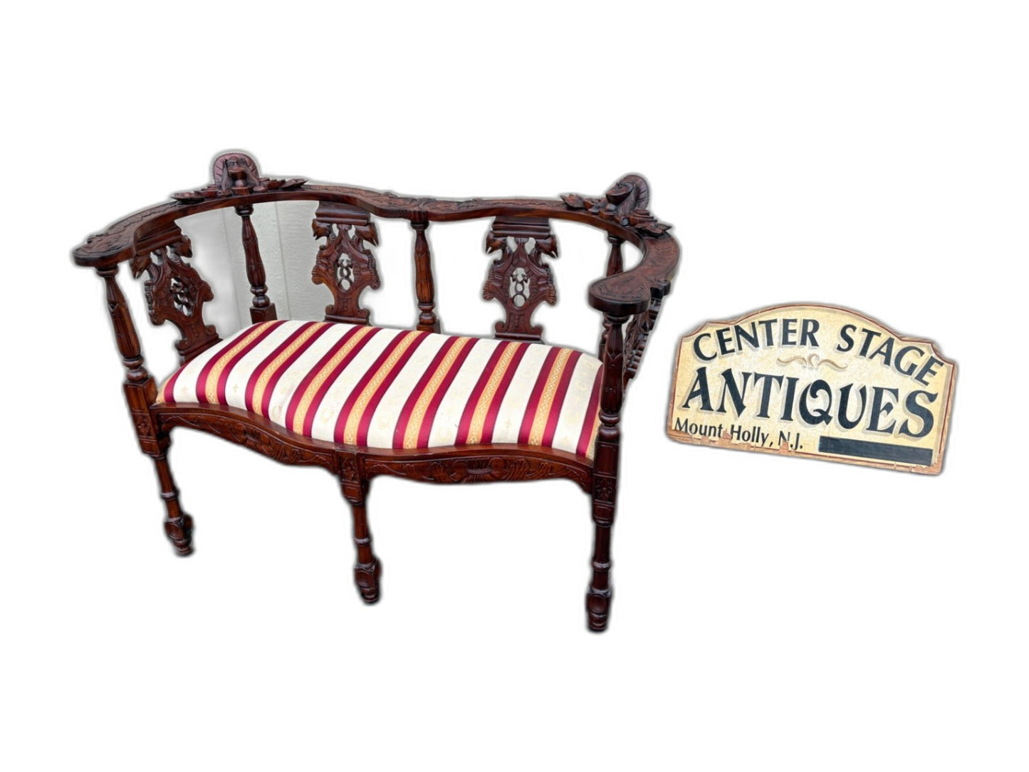 67469  Victorian  Style Carved Mahogany Settee with Figural Details and Upholstery