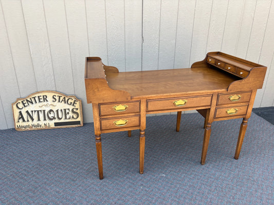Vintage Oak Writing Desk with Hutch and Brass Hardware
