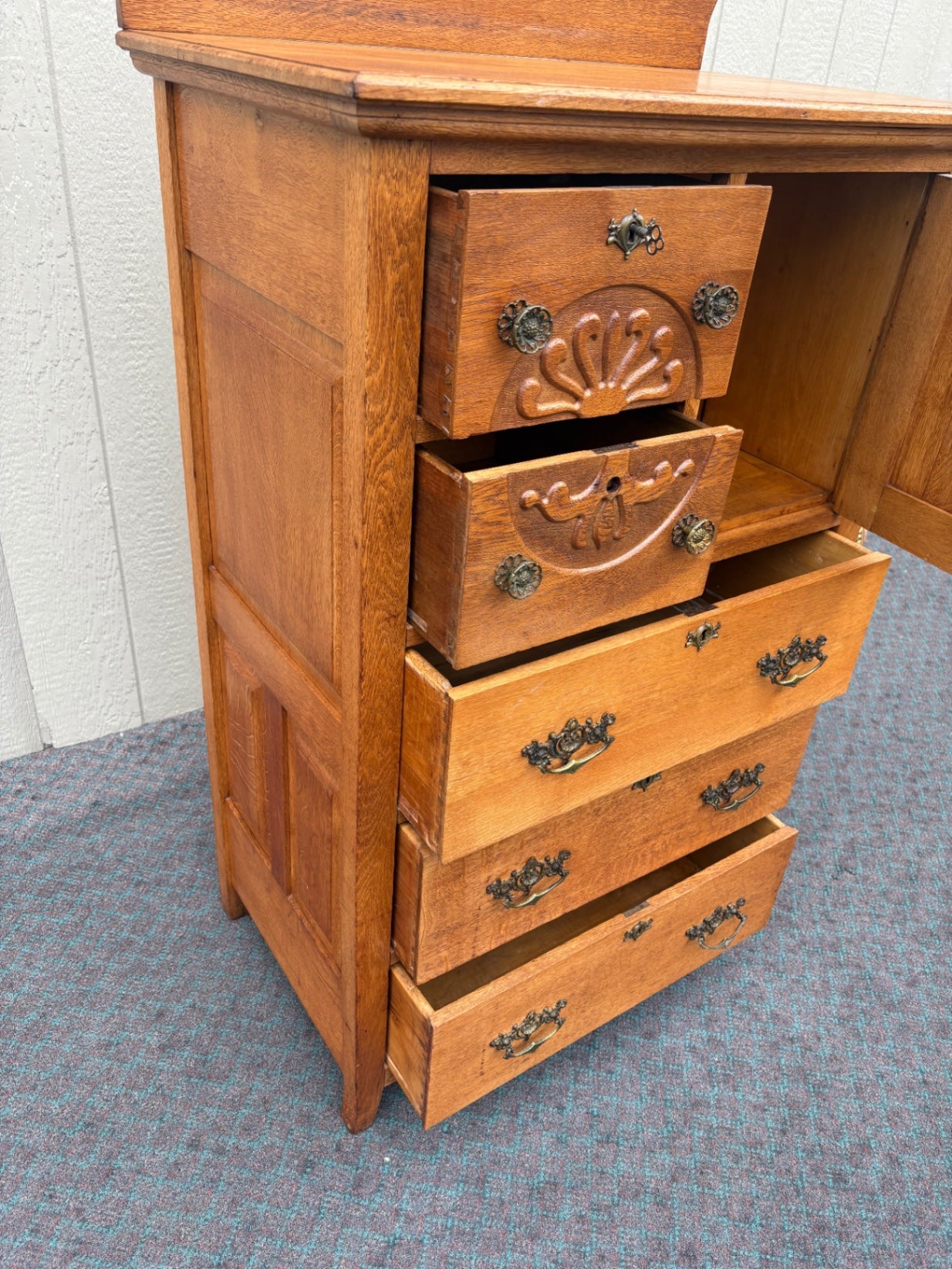 68057  Antique Oak Bonnet Chest with Ornate Carvings and Brass Hardware