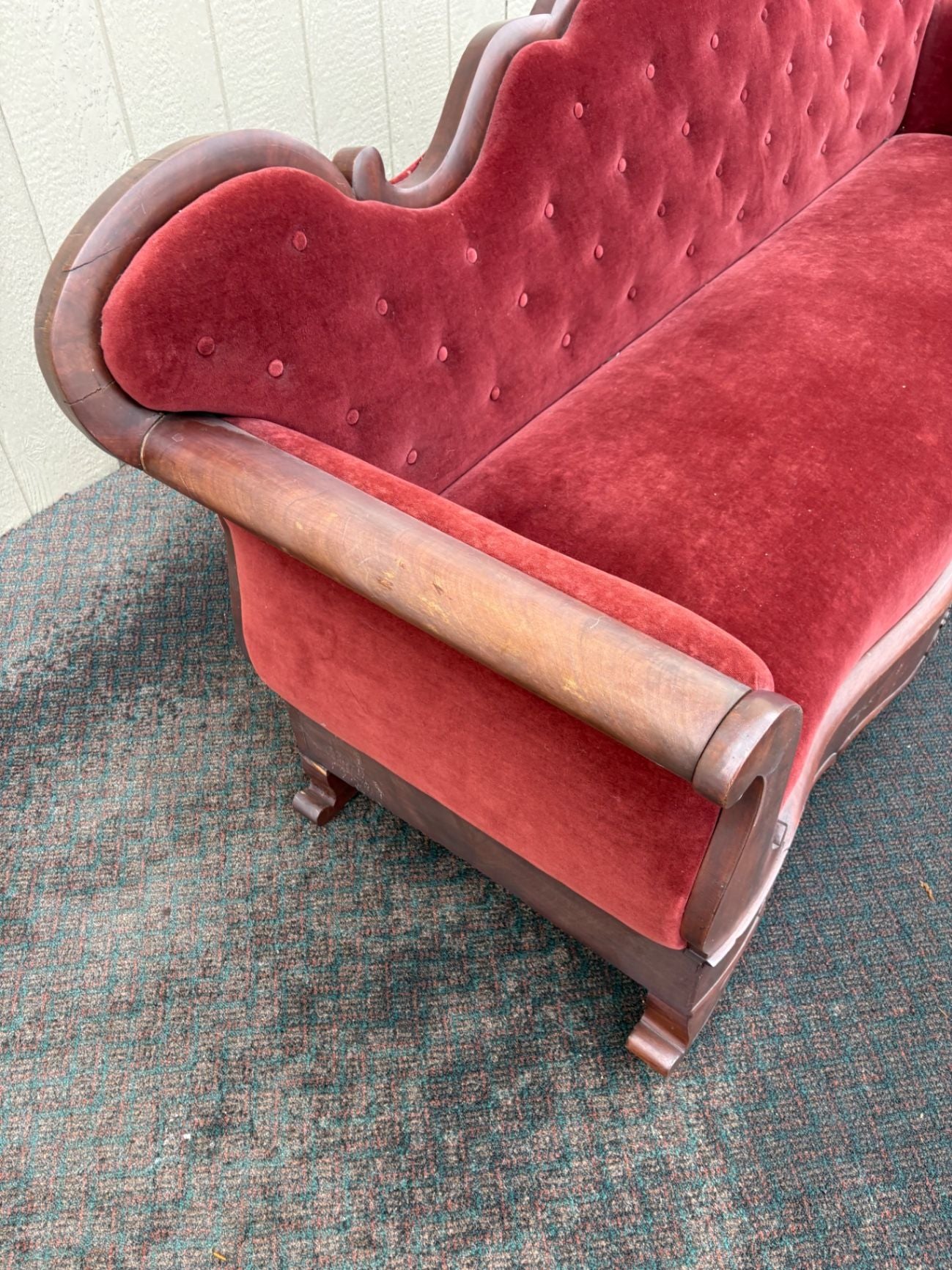 67490  Antique Empire Sofa with Red Velvet Upholstery and Carved Wood