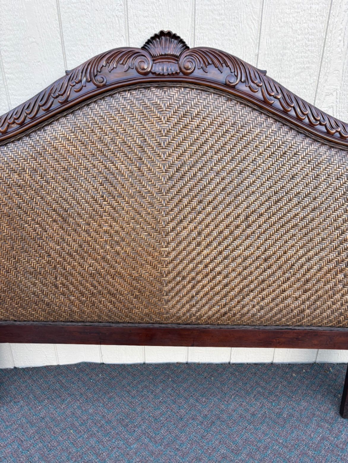 67810 Carved Queen Headboard with Woven Rattan Paneling
