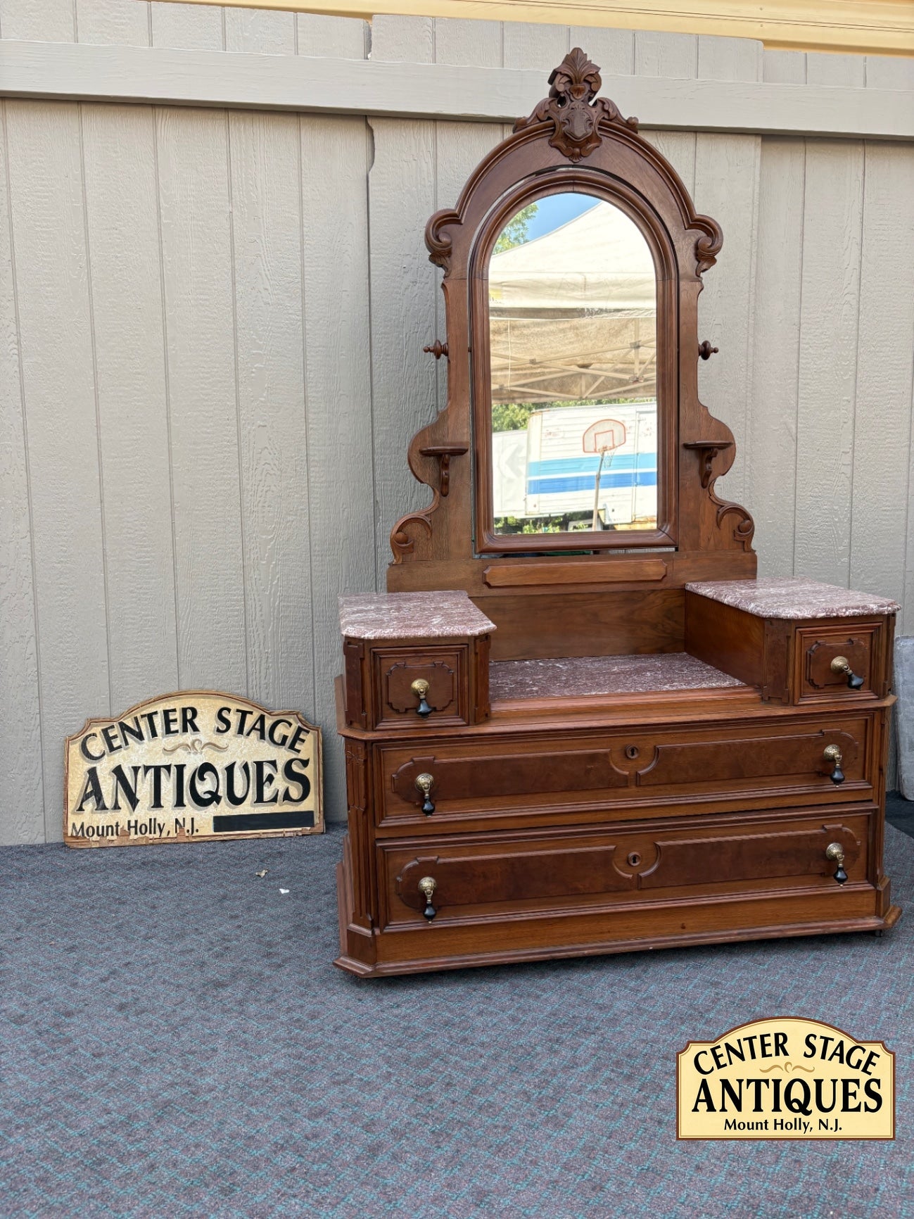 68016 Victorian Marble Top Dresser with Ornate Mirror and Drawers