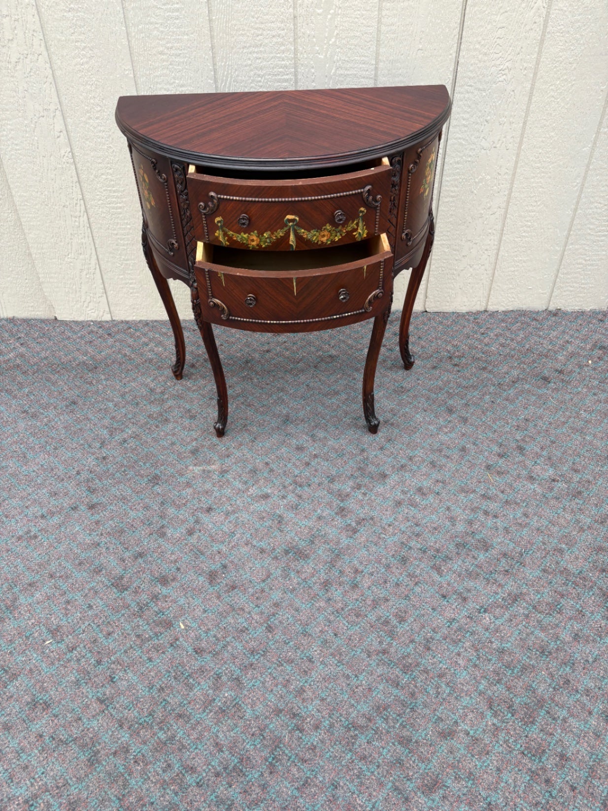 67966 Hand-Painted Demilune Chest with Floral Accents, Mahogany Finish
