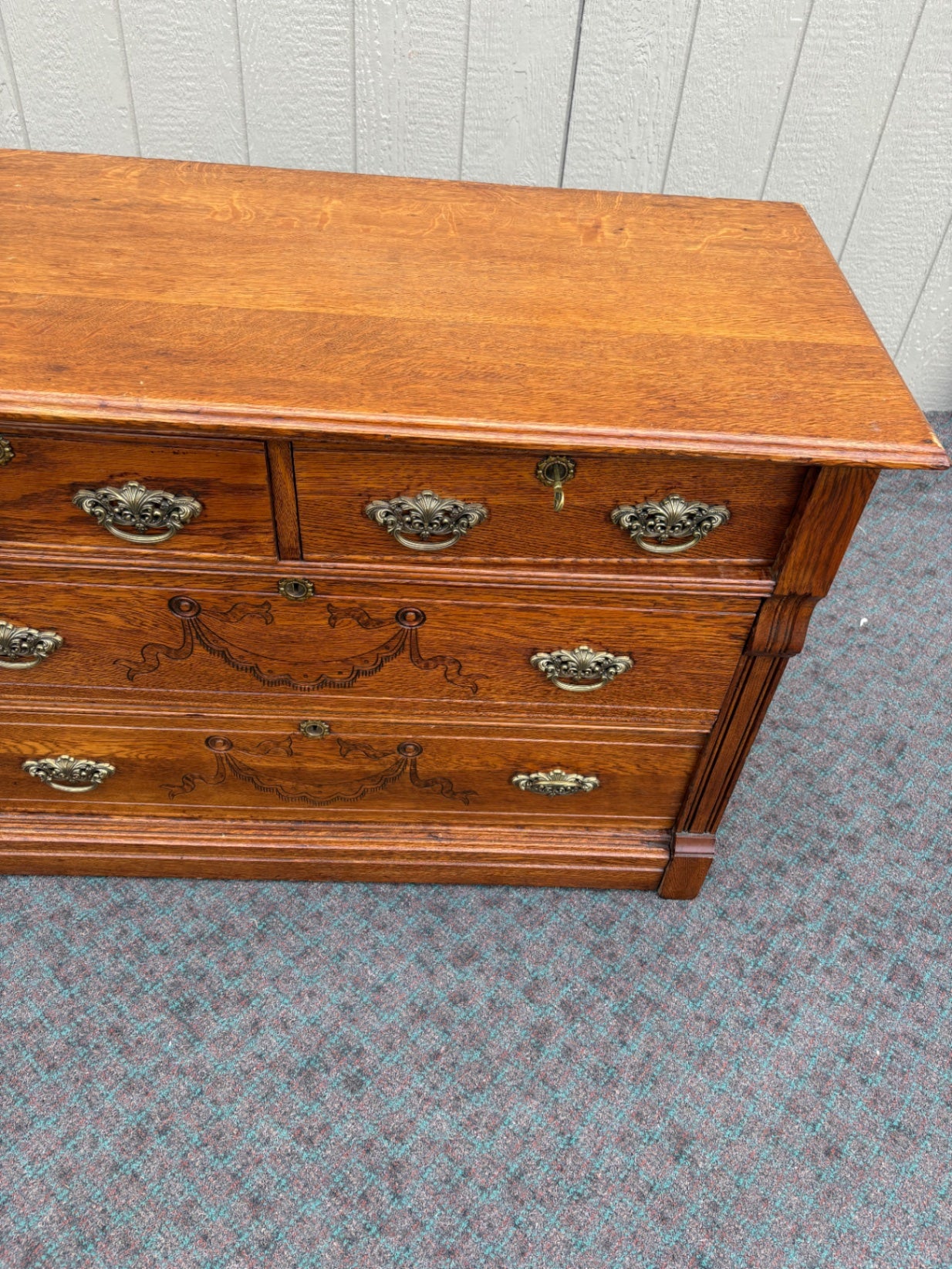 67959 Victorian Oak Dresser with Brass Hardware and Carved Details