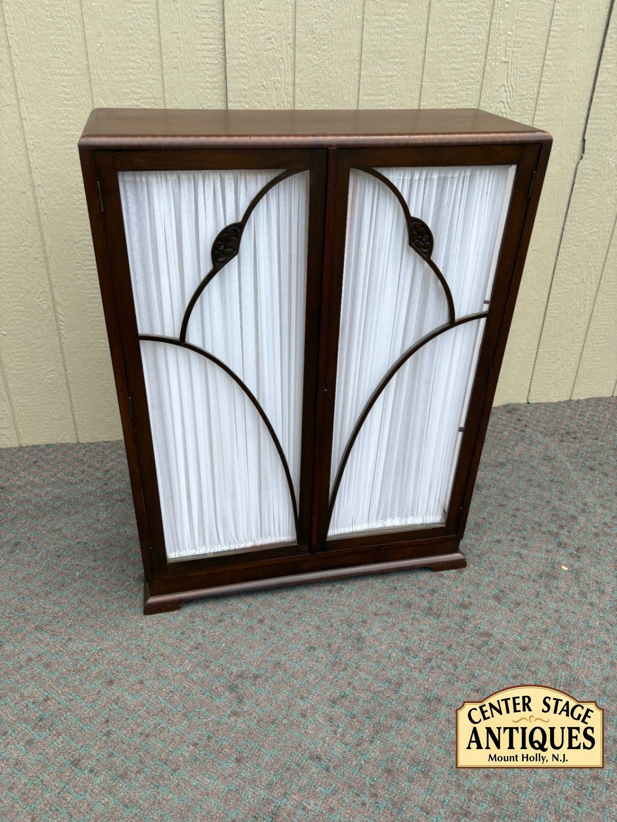 67980 Art Deco Two-Door Bookcase with Carved Detailing and Fabric Panels
