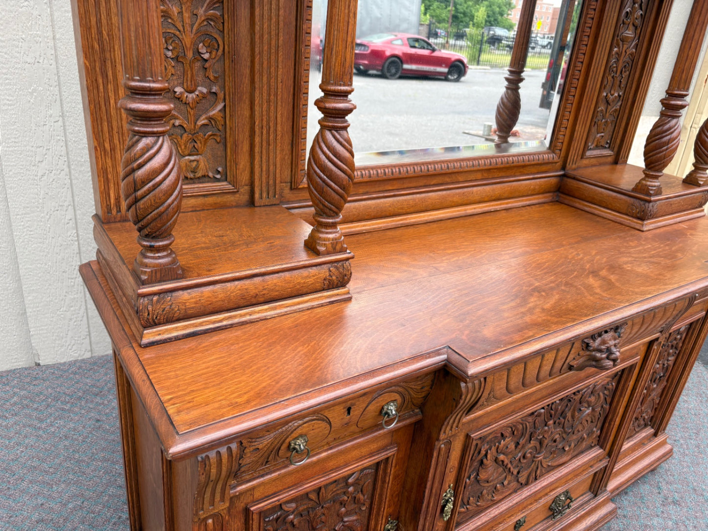 67852  Ornate Victorian Oak Buffet with Mirror and Carved Details
