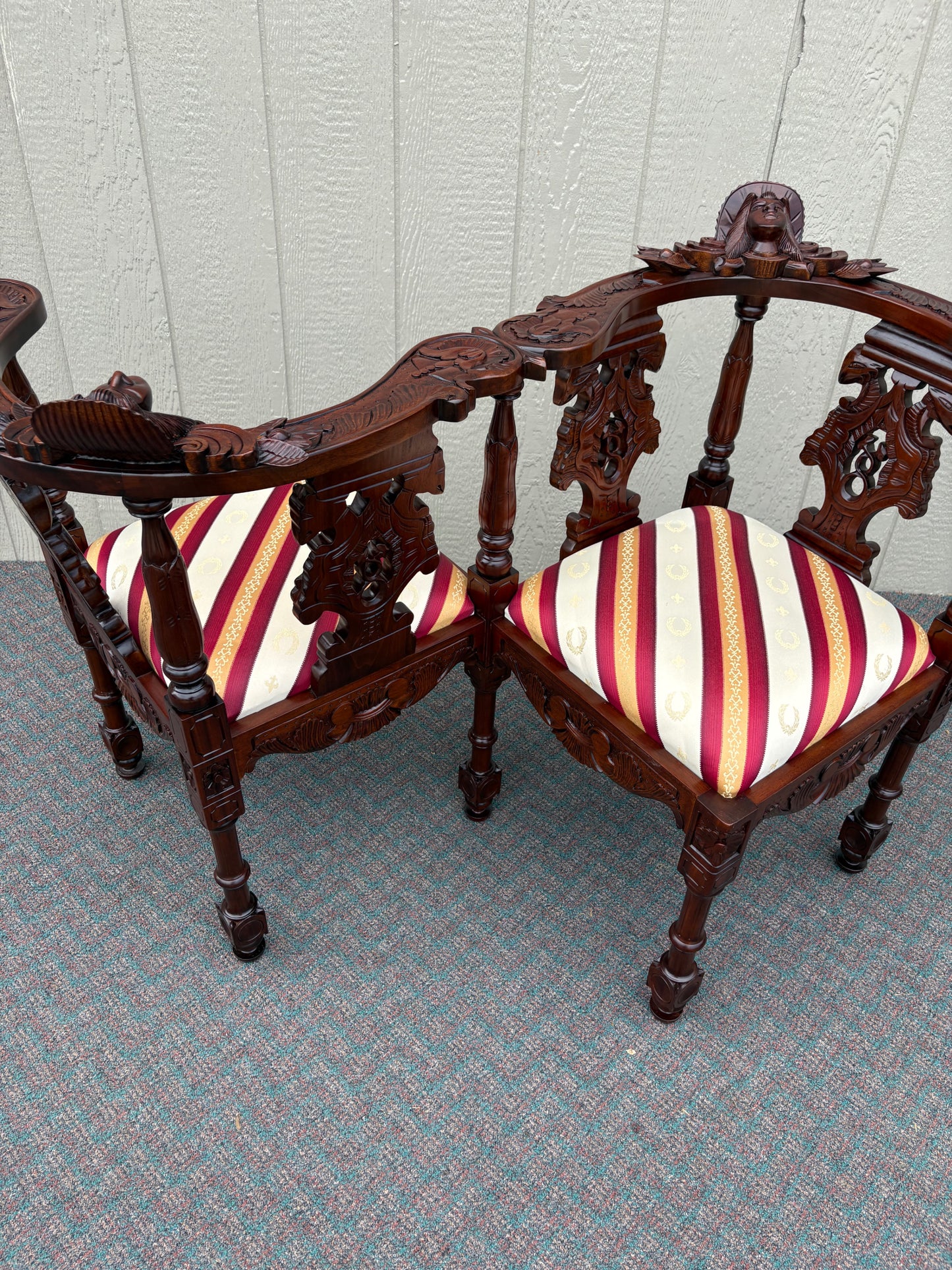 67730 Victorian Tête-à-Tête Loveseat, Carved Mahogany, Striped Upholstery