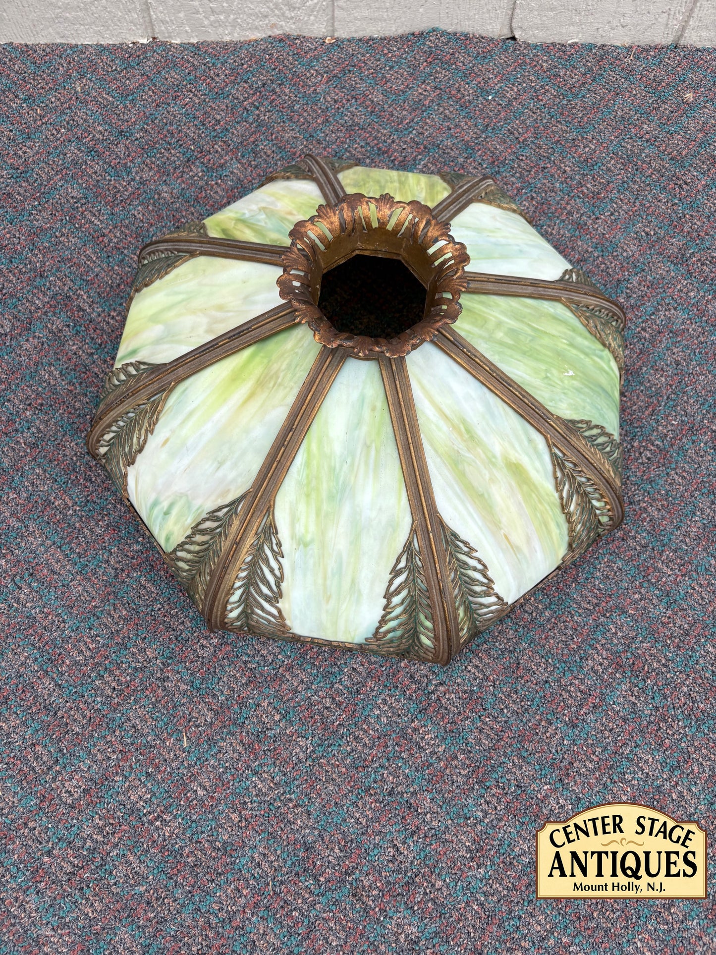 67742 Victorian Slag Glass Lampshade with Ornate Metalwork
