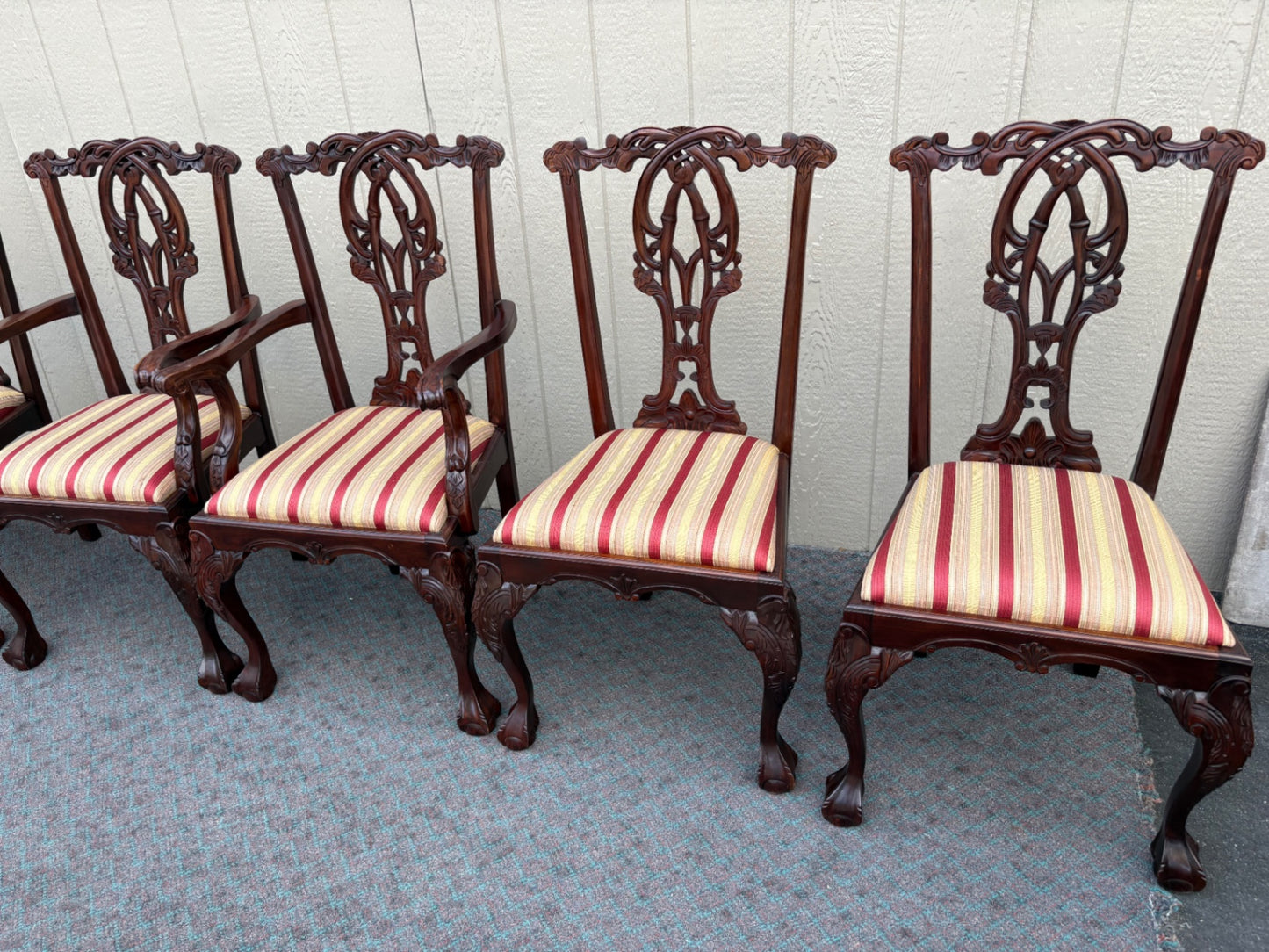 68024 Set of 6 Chippendale Dining Chairs with Striped Upholstery