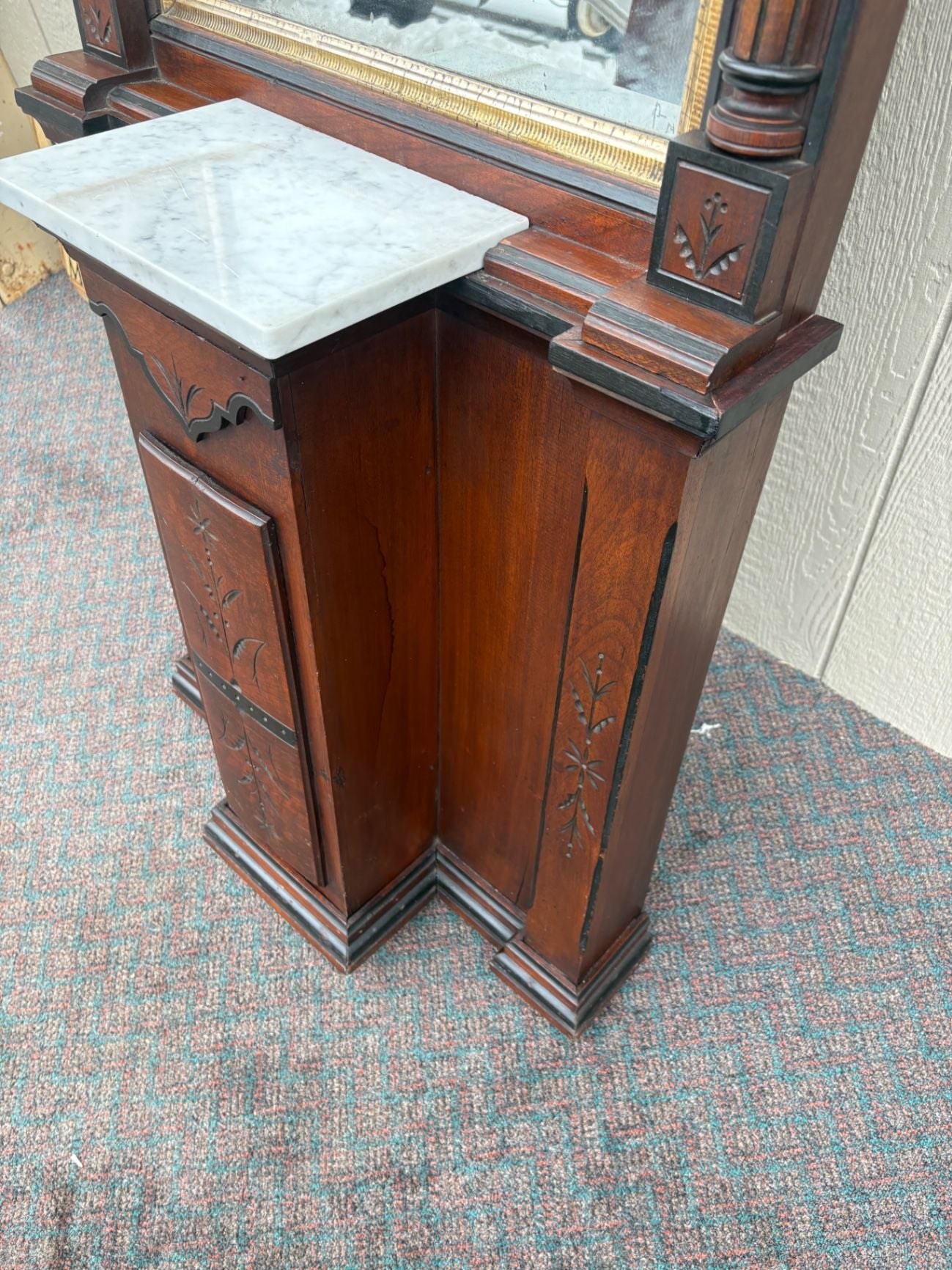 66659  Victorian Eastlake Pier Mirror with Marble Shelf, Walnut Wood