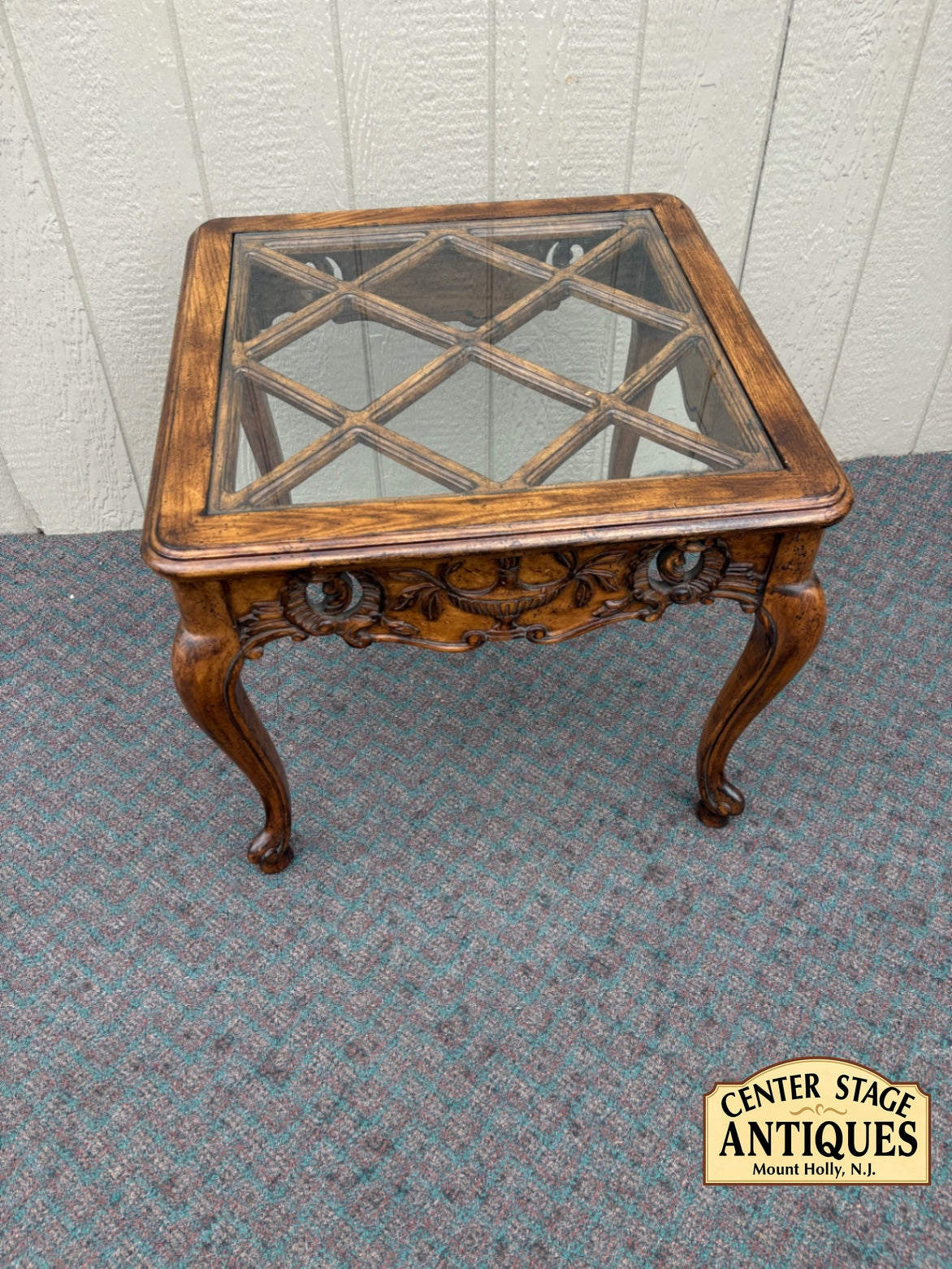 67879 Vintage French Provincial Glass Top End Table with Carved Details
