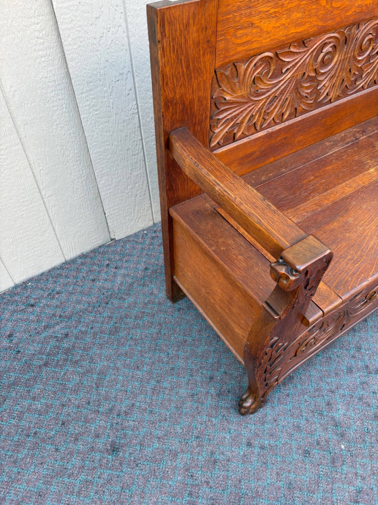 67891  Victorian Oak Carved Storage Bench with Lion Motif Details