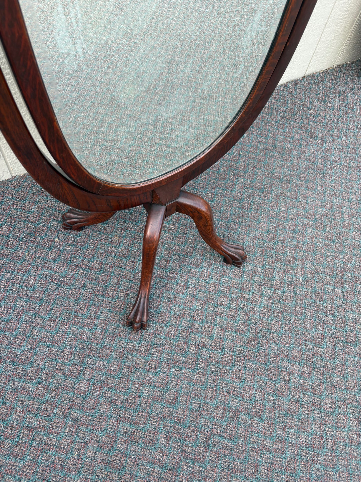 67612 Antique Oak Cheval Mirror with Beveled Glass