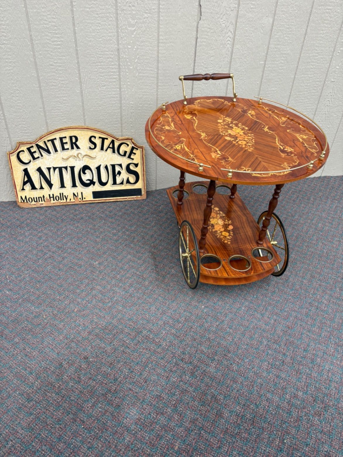67588  Italian Inlaid Wood Tea Cart with Floral Marquetry and Brass Accents