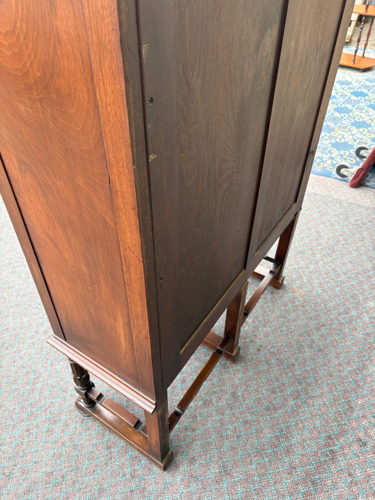 68180  1940s Walnut China Cabinet with Carved Details and Glass Doors