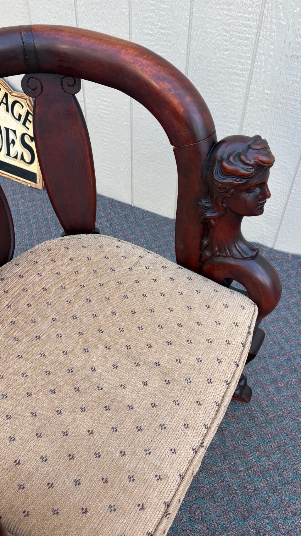 Victorian Mahogany Rocking Chair with Carved Bust Details