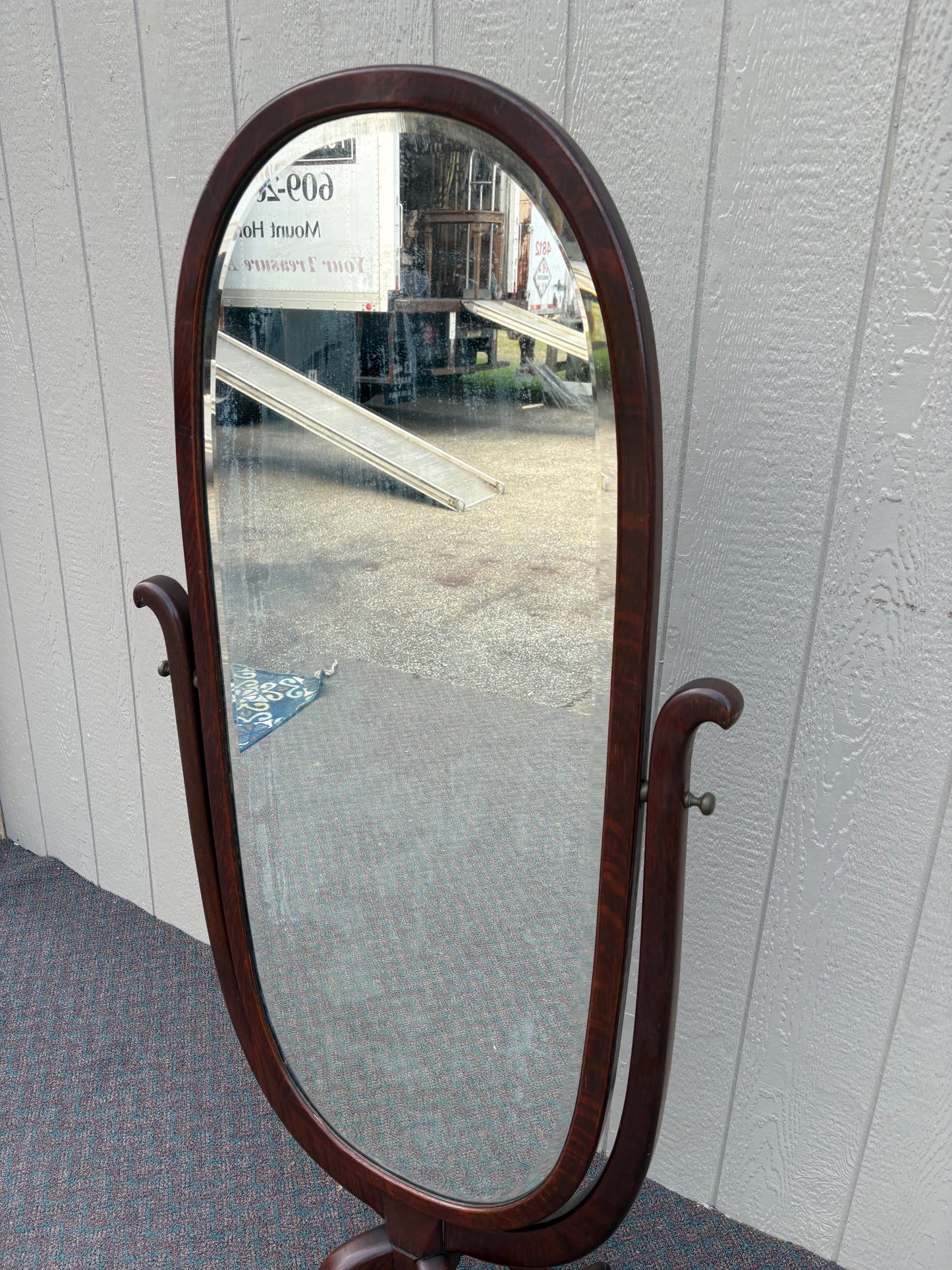 67612 Antique Oak Cheval Mirror with Beveled Glass