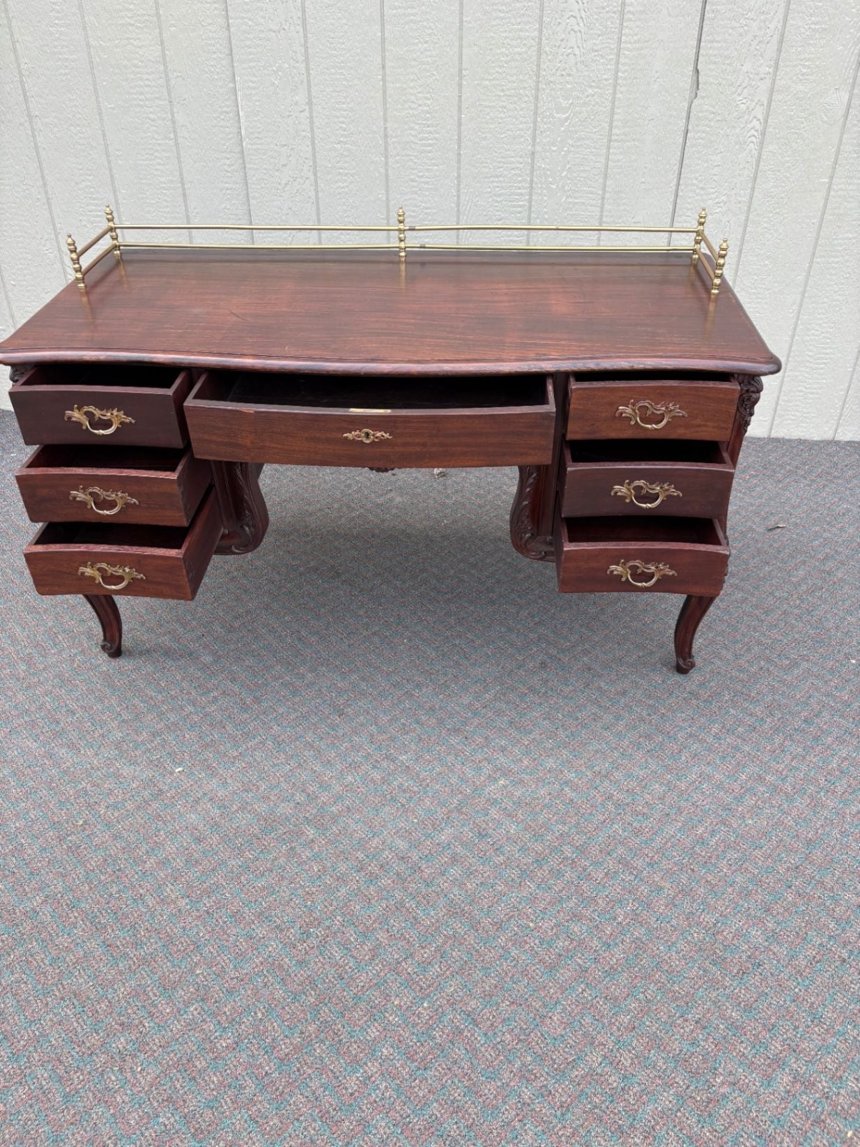 67605 Elegant French Louis XV Style Mahogany Writing Desk with Brass Rail